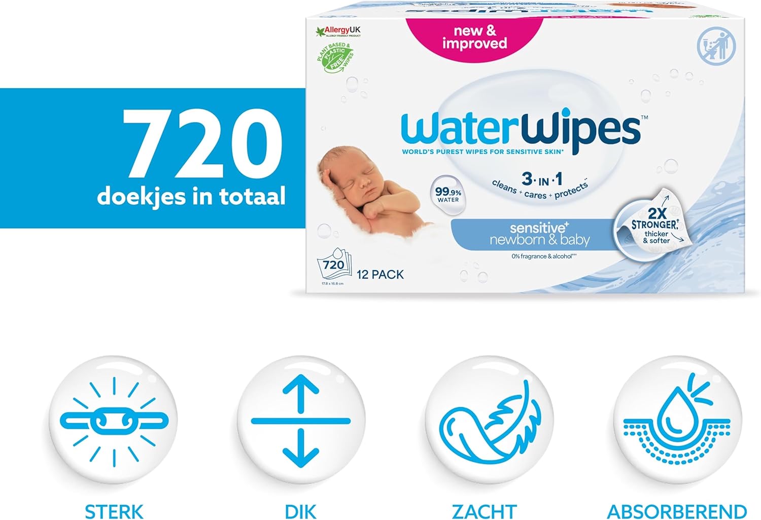 WaterWipes Sensitive+ Newborn & Baby Wipes, 720 Stuks (Verpakking van 12), 3-in-1 Reinigt, Verzorgt, Beschermt, 99,9% Water, Geurloos