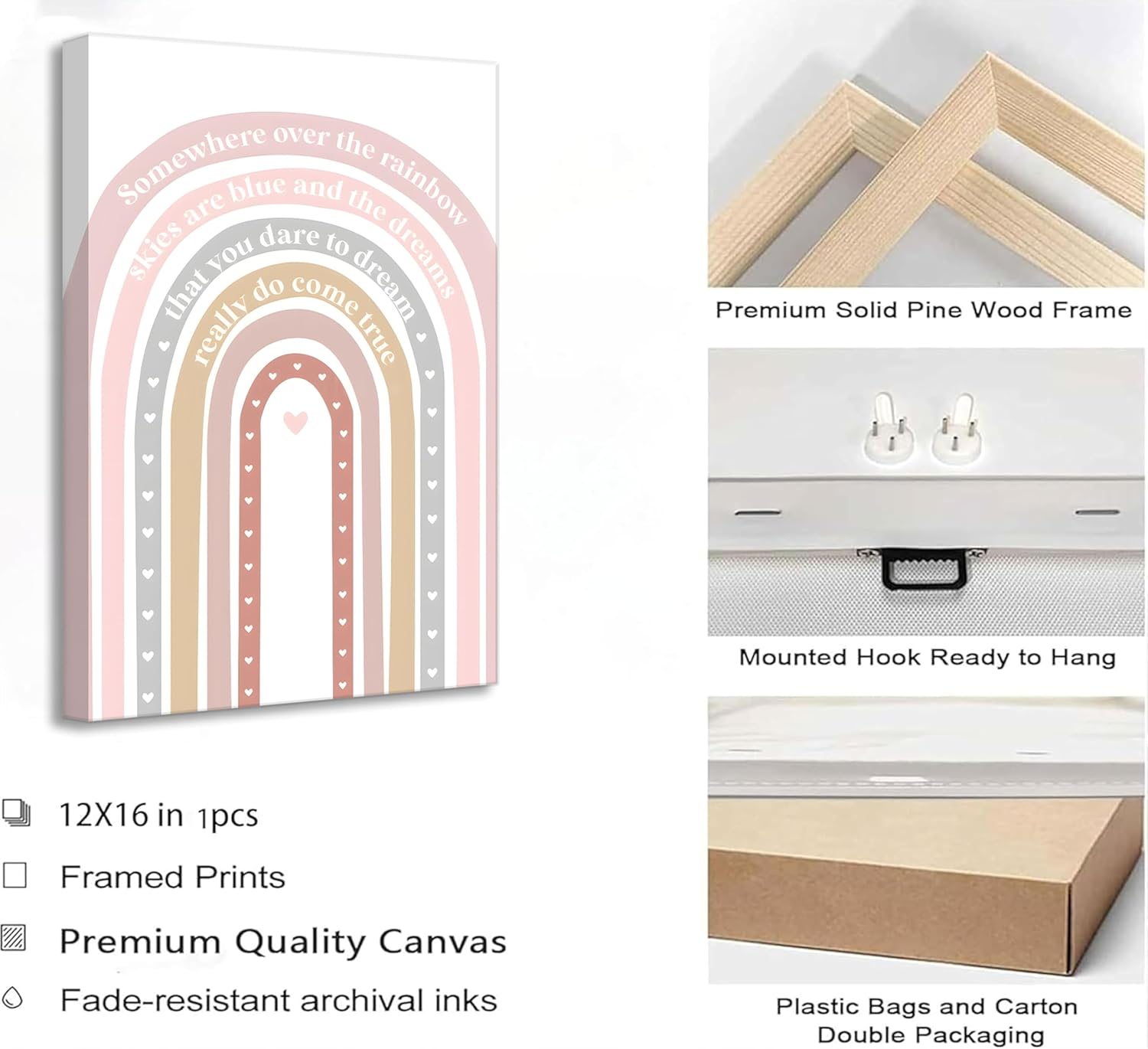 3 Pcs Boho Nursery Canvas Wall Art Pink Sweet Rainbow You Are My Sunshine Painting Pictures Wall Decor Poster Print Artwork For Kids Room Girls Bedroom Decoration