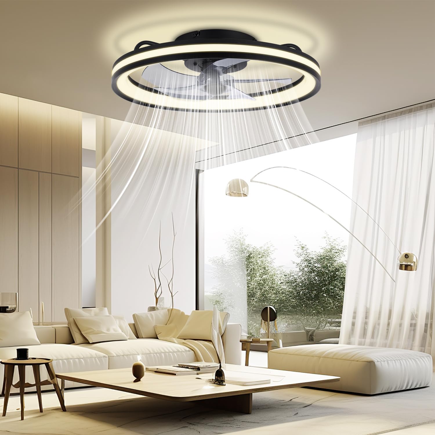 2 ventiladores de techo con iluminación y mando a distancia, diámetro de 48 cm, lámpara de techo con ventilador regulable, 3 temperaturas de color y 6 niveles, función verano/invierno, con