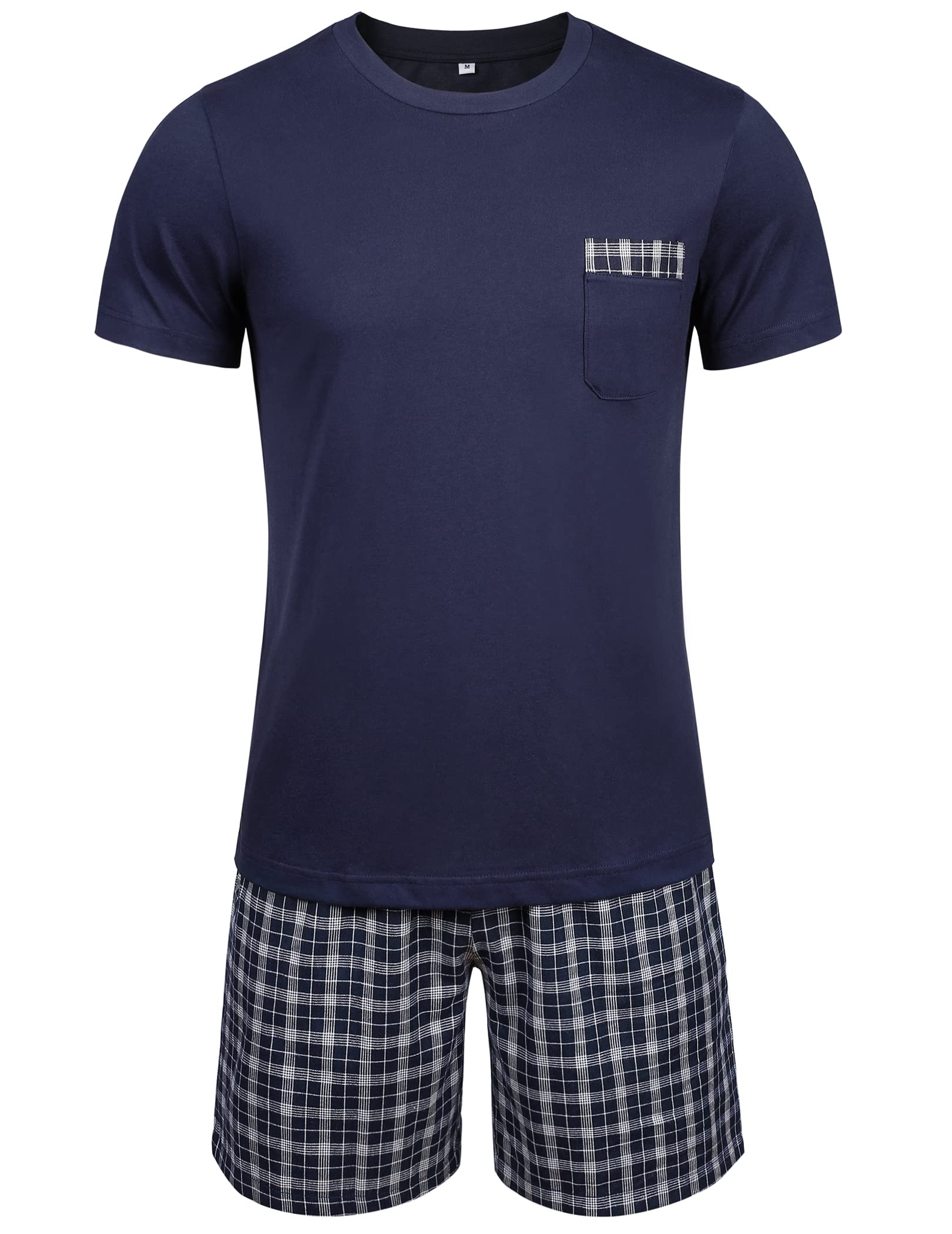 Winovia Schlafanzug Herren Kurz Pyjama Set aus Baumwolle Kurzarm Nachtwäsche mit Karierter Hose und Brusttasche Sommer Hausanzug Männer Geschenk