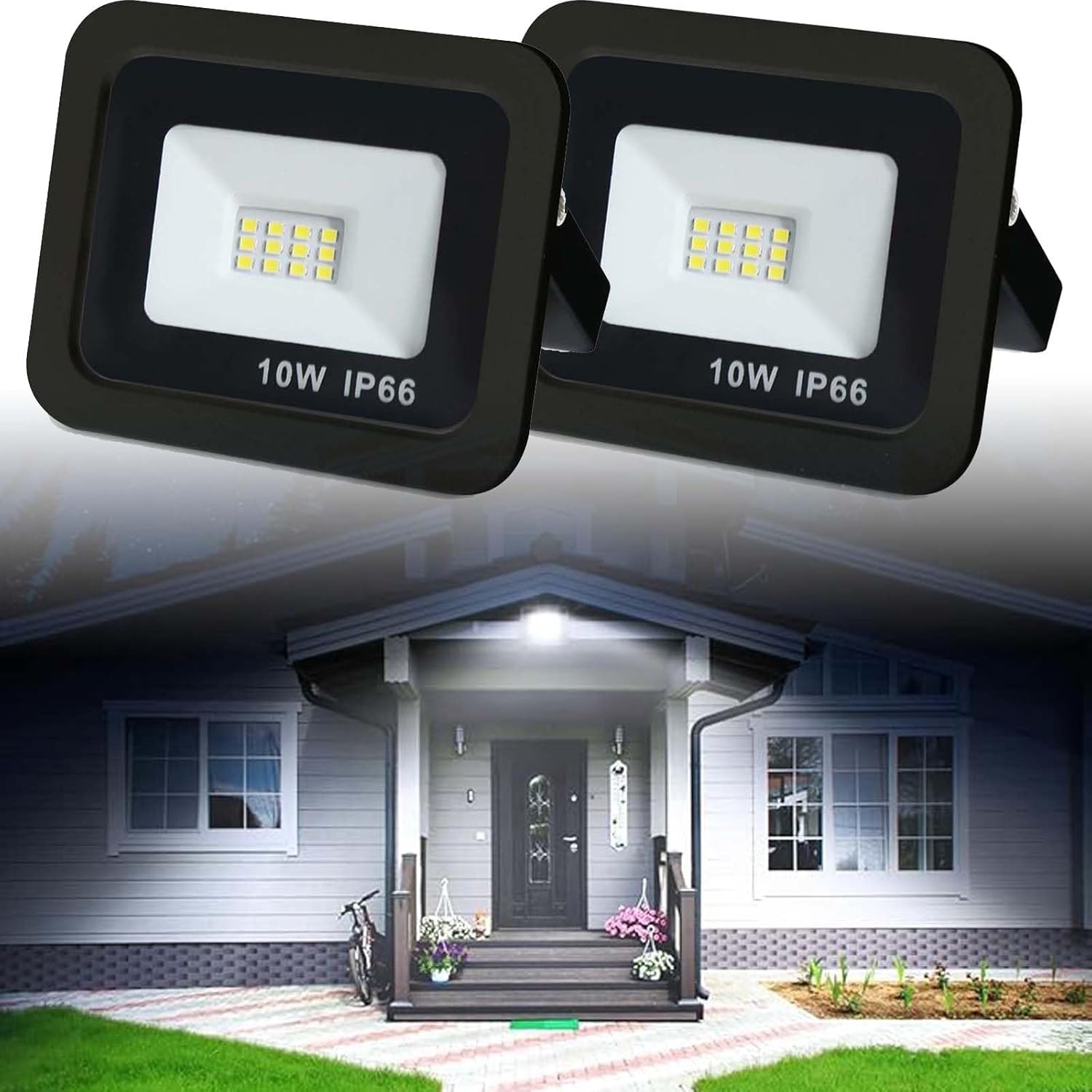 Wired Flood Lights Outdoor, LED Work Light, 6500K Daylight White LED Flood Lighting, with IP66 Waterproof & Fine Grained Tempered Glass, for Yard, Garage(10w,2pack)