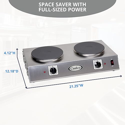 Miniatura 4 de Cadco CDR-2C - Placa eléctrica portátil de doble quemador de 21.25 pulgadas de ancho, controles infinitos de 120 voltios, acero inoxidable, 20