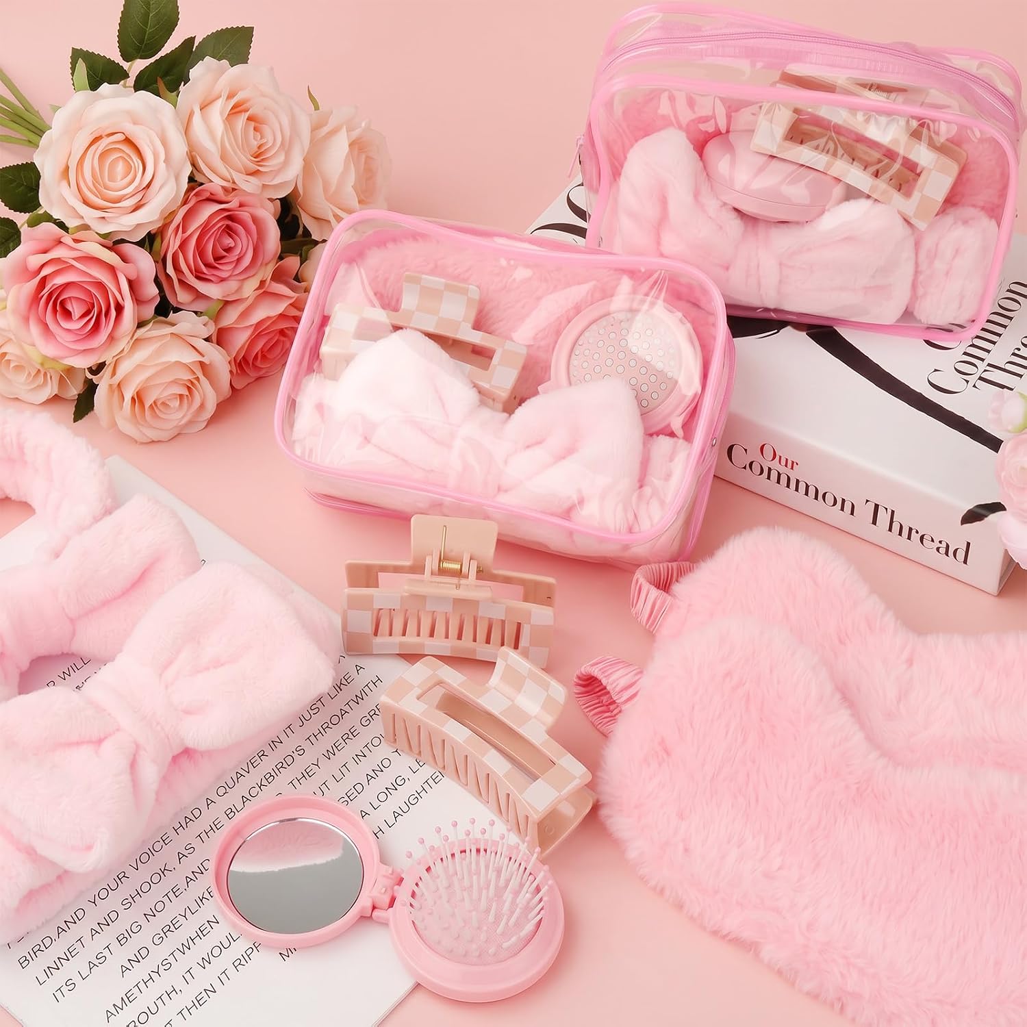 30 Pcs Sleepover Party Supplies for Girls,Include Headbands, Eye Mask,Folding Hairbrush with Mirror,Hair Claw Clips,Clear Makeup Bag for Slumber Spa Essentials Favors Gifts for Women Girls