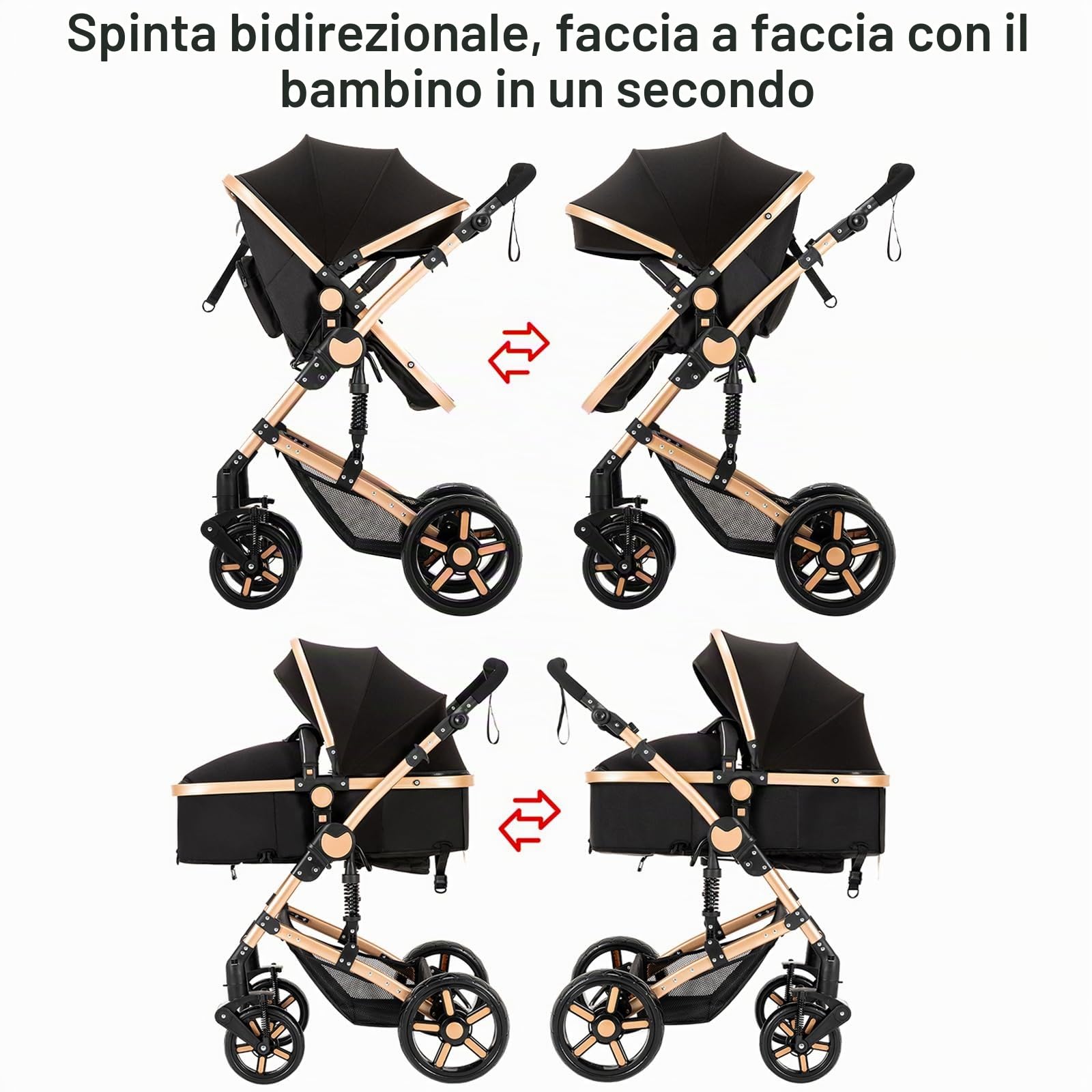 MoLi Passeggino Trio, Passeggino 3 in 1 con Doppia Modalità Push Reversibile, Trio Passeggino Neonati con Grande Navicella, Carrozzina per Neonati in Alluminio Pieghevole (588 Tawny)