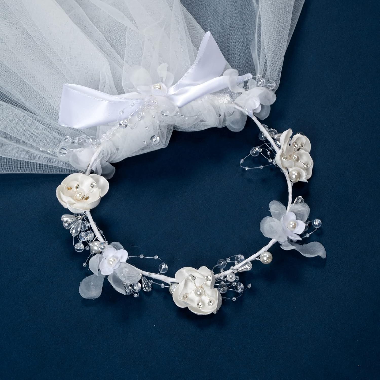 Miniatura 3 de Fleursun Corona de cabeza de niña con velo de primera comunión con velo blanco floral