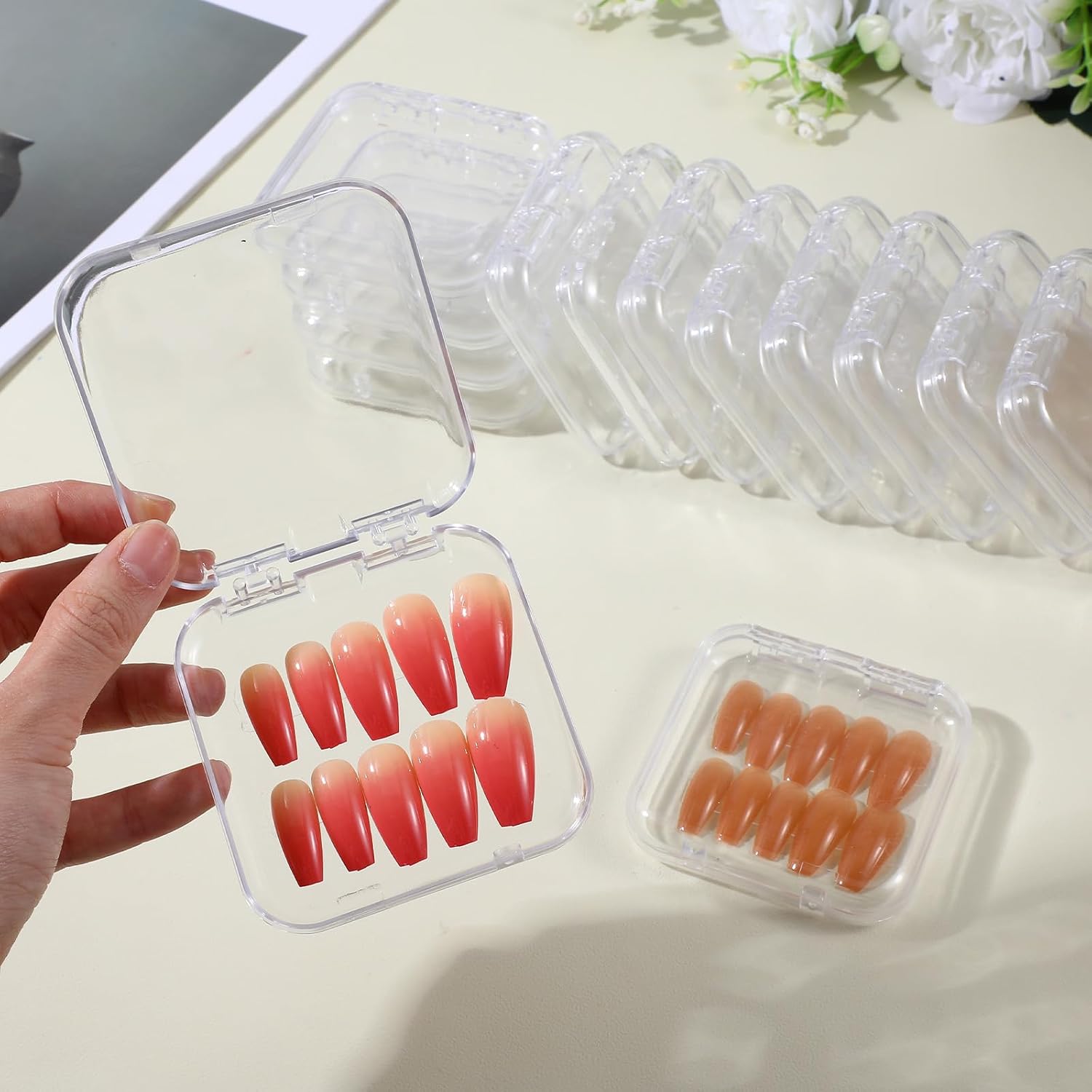 30 PCS Press on Nail Boxes with 5M Nail Tape, Clear Acrylic Nails Display Box for Storage for Nails Art Home Beauty Salon