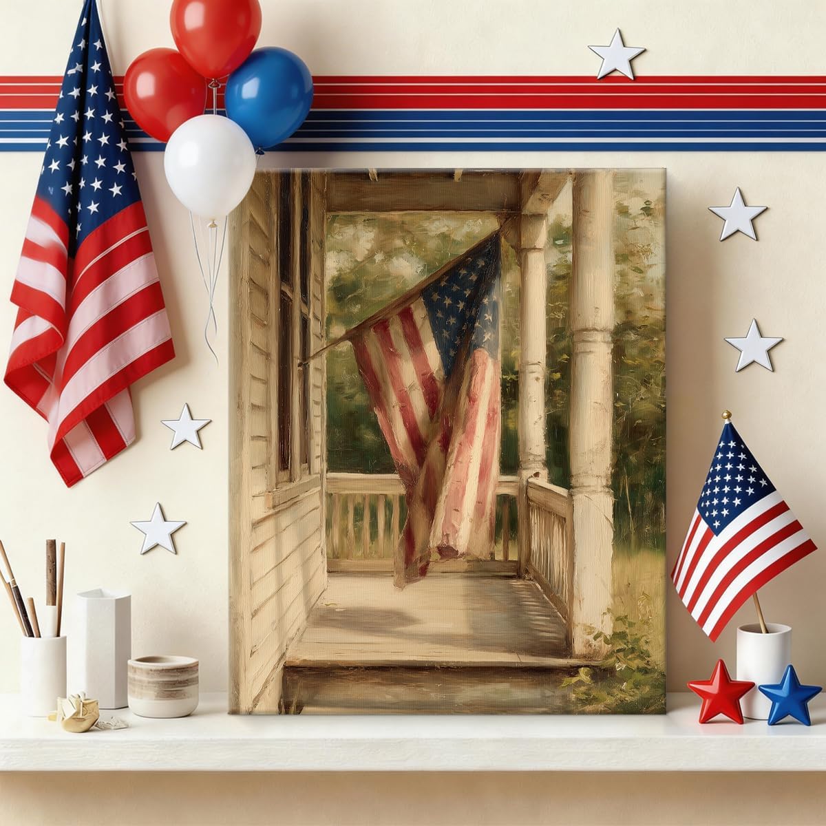 APOHBGV Rustic American Flag Wall Art Painting, Vintage Patriotic Flag Artwork for Living Room Bedroom Office Hallway Wall Decor, Home Decoration Ready to Hang 8x10 Inch
