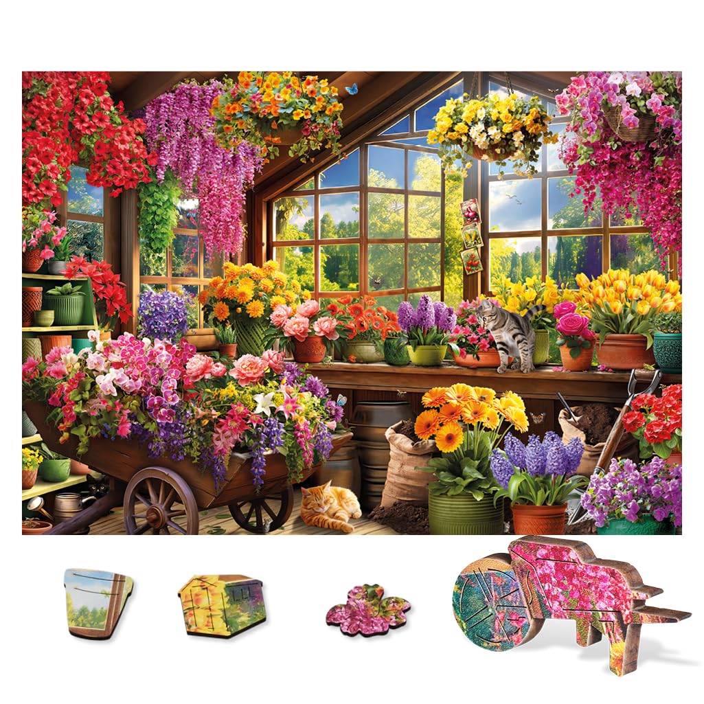 Wentworth Wooden Puzzles Potting Shed - 80 Pcs Adult Jigsaw Puzzle, Themed Irregular Pieces, Jessica White Design for Plant and Cat Lovers - Sustainably Sourced Wood and British Made
