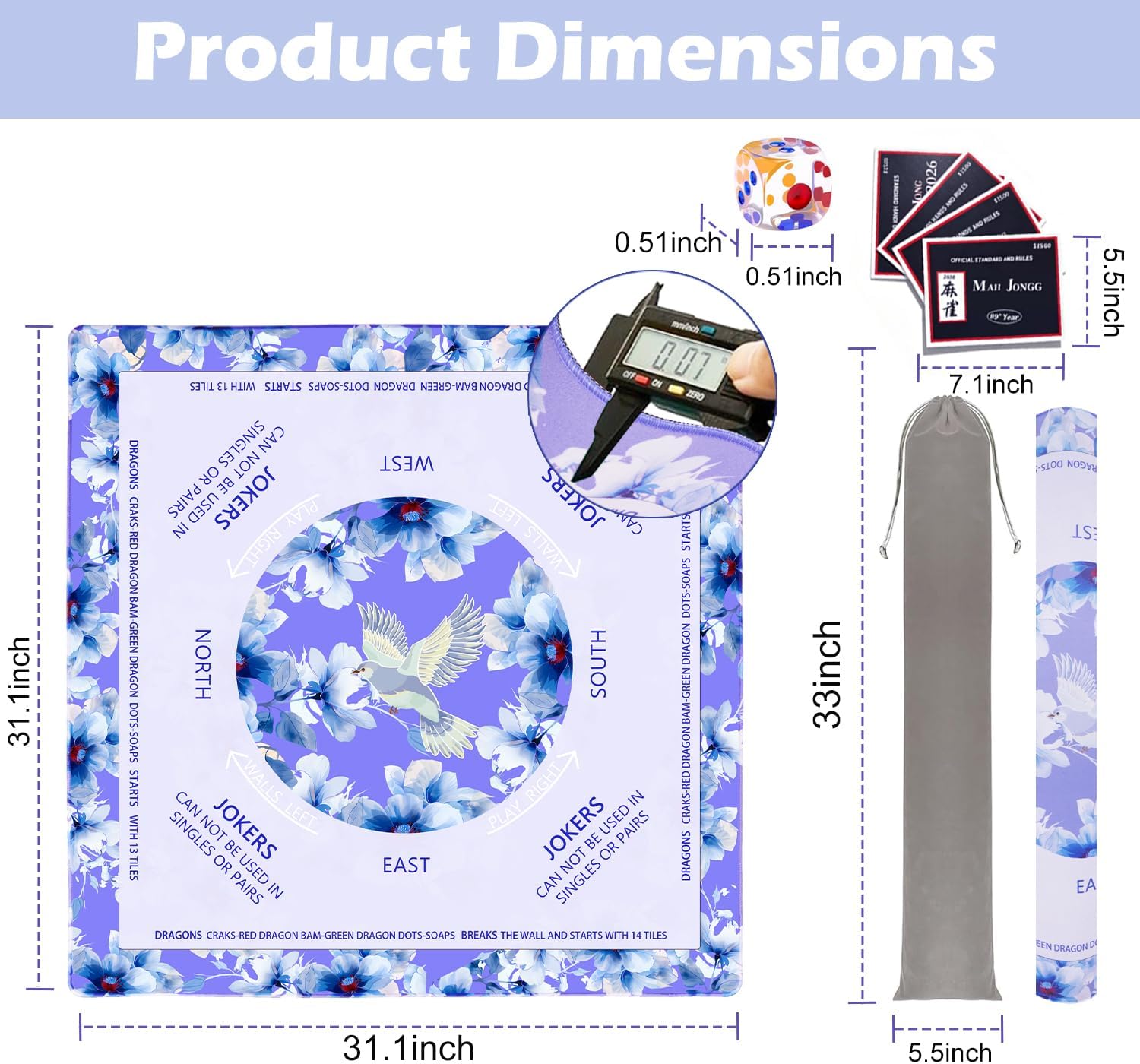Mahjong Mat (31.5"x31.5") with 4 Mahjong Playing Instructions,3 Dice & Carrying Bag,Waterproof Surface,Foldable Design,Non-Slip and Silent Travel Mahjong Set for Mahjong/Poker/Board Games (Blue-2)
