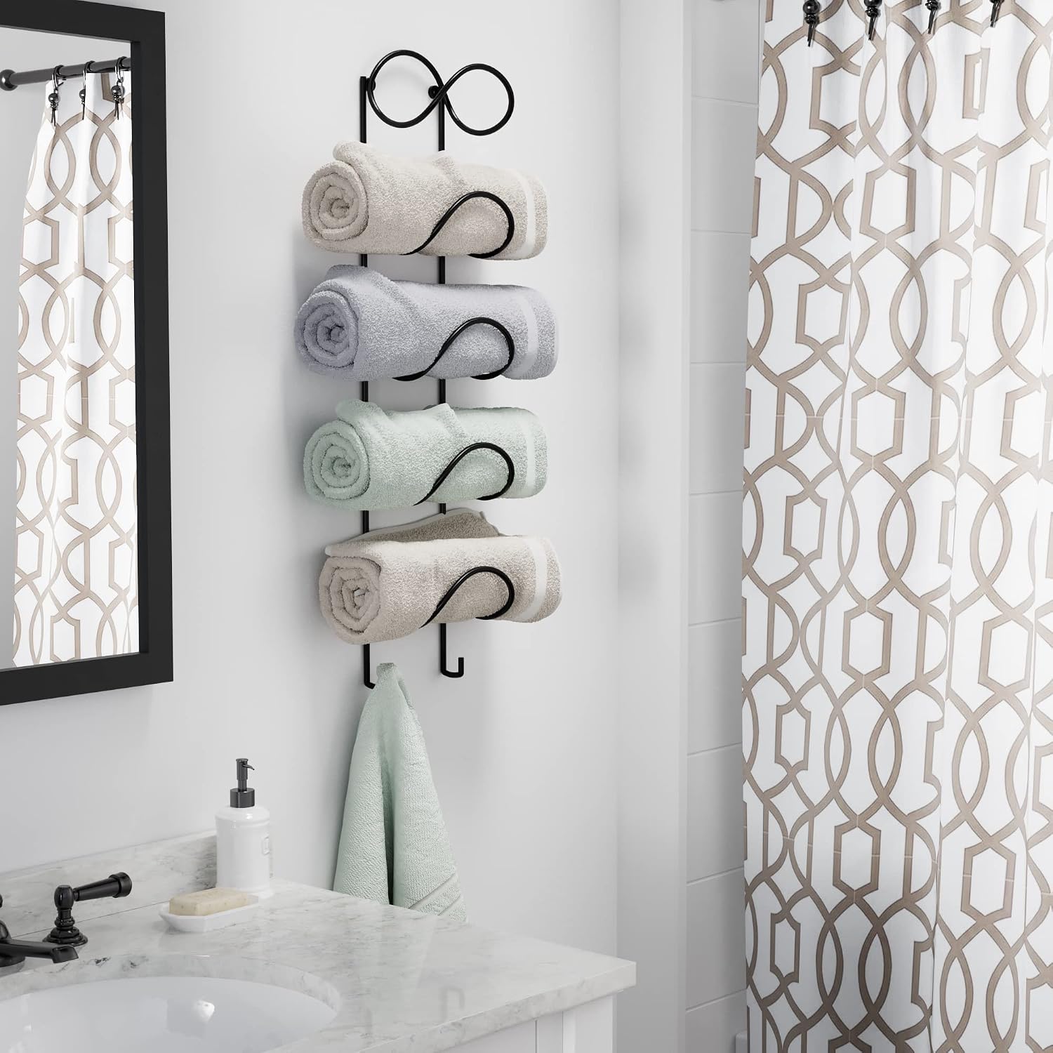 Wallniture Moduwine Yoga Mat Storage Rack, Towel Rack with Hooks for Hanging Yoga Strap, Resistance Bands for Home Gym & Studio, 5-Tier Metal Black
