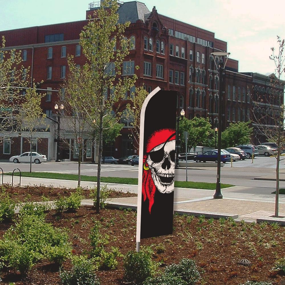 Red Bandana Pirate Swooper Feather Advertising Flag & Pole Kit - Perfect for Halloween, Haunted Houses, Boating Stores