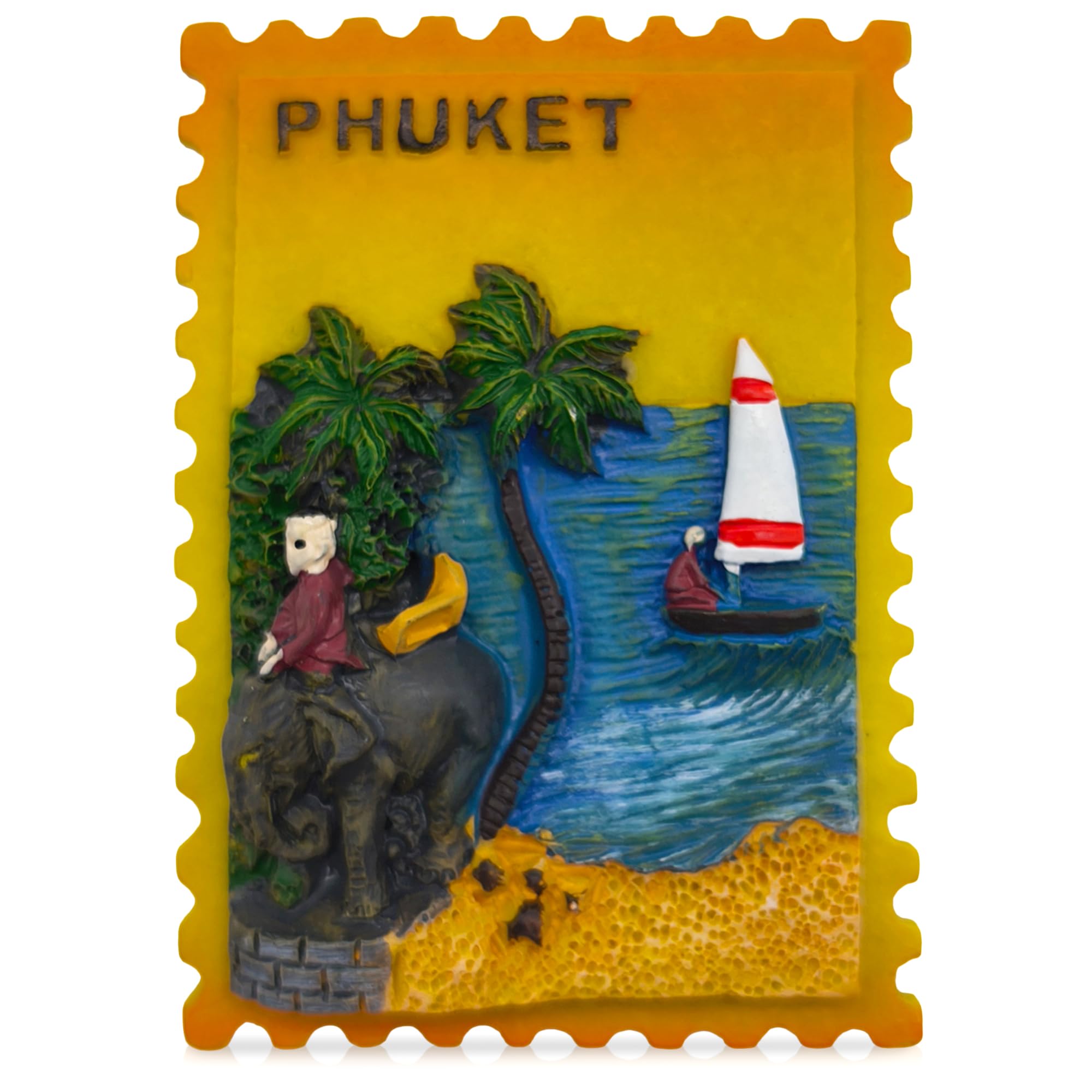 Maxi-Solutions Phuket Thailand 3D Souvenir Fridge Magnet – Stamp Style Collectible With Sunset Beach, Sailing Boat, Palm Tree & Elephant – Travel Keepsake Gift (7×4.8×1.8 Cm)