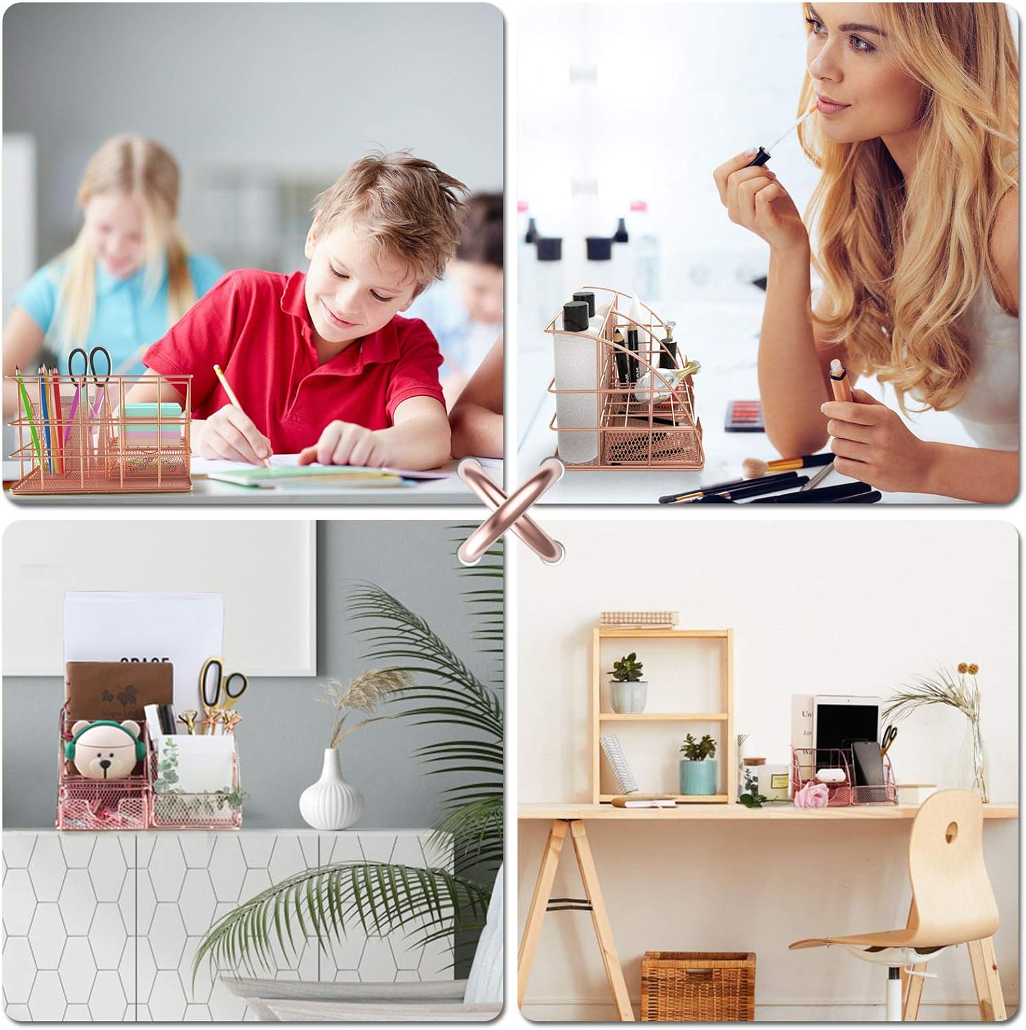 Rose Gold Desk Organizer for Women - Wayin Upgraded Mesh Office Supplies Desk Accessories with 6 Compartments + Sliding Drawer and 50 Paper Clips & 9 Binder Clips for for Home School Office Desktop : Office Products