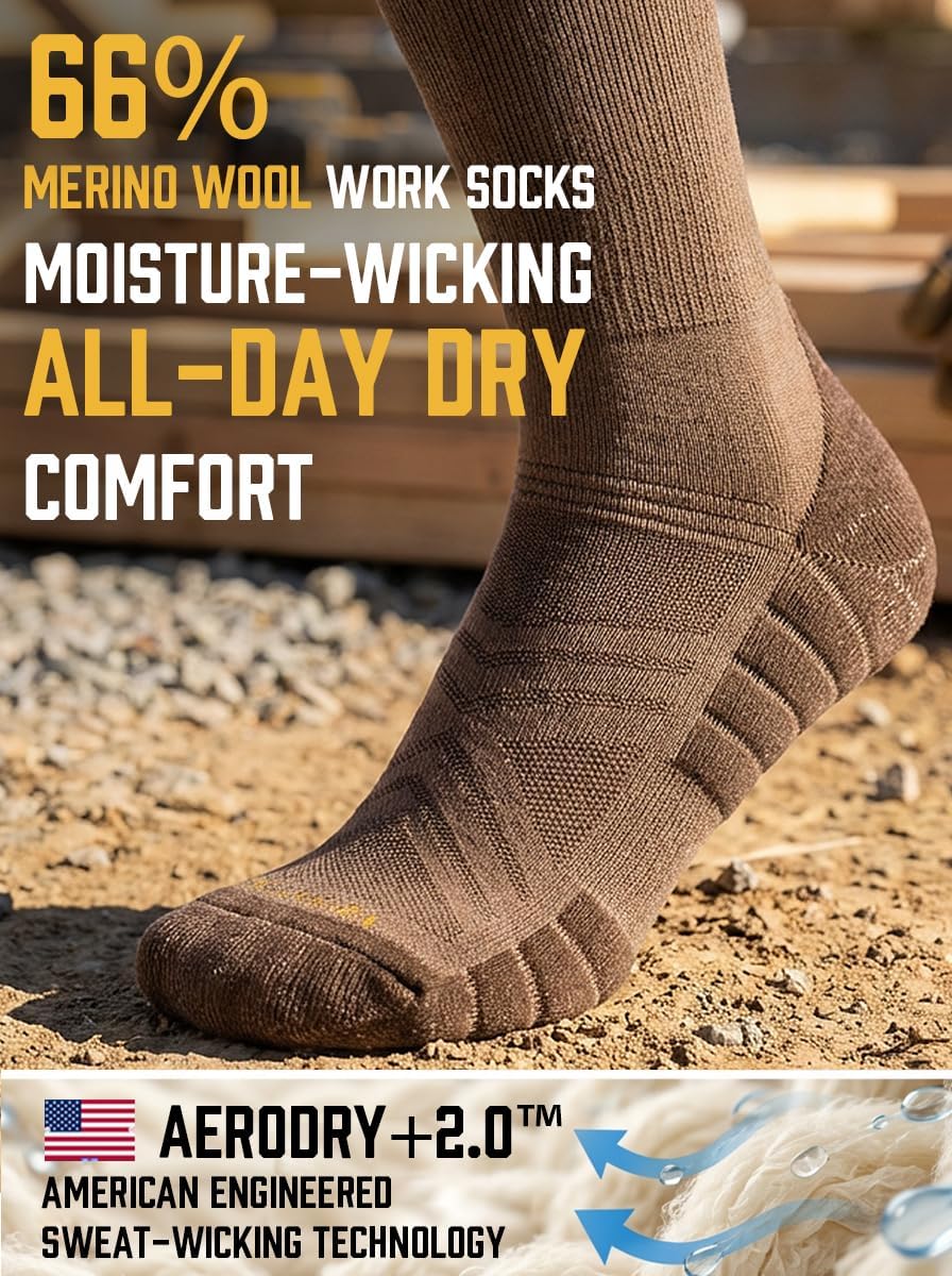 Merino Wool Crew Work Socks for Men Hiking Socks Breathable Cushioned Moisture-Wicking for Heavy Duty