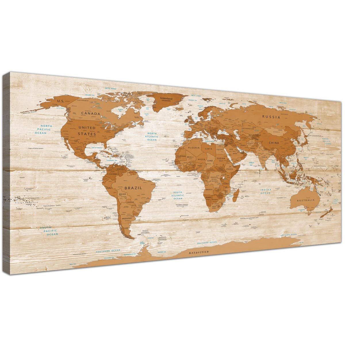 Wallfillers Large Brown Cream Map of World Atlas Canvas Wall Art Print - Modern - 1307-118x49cm
