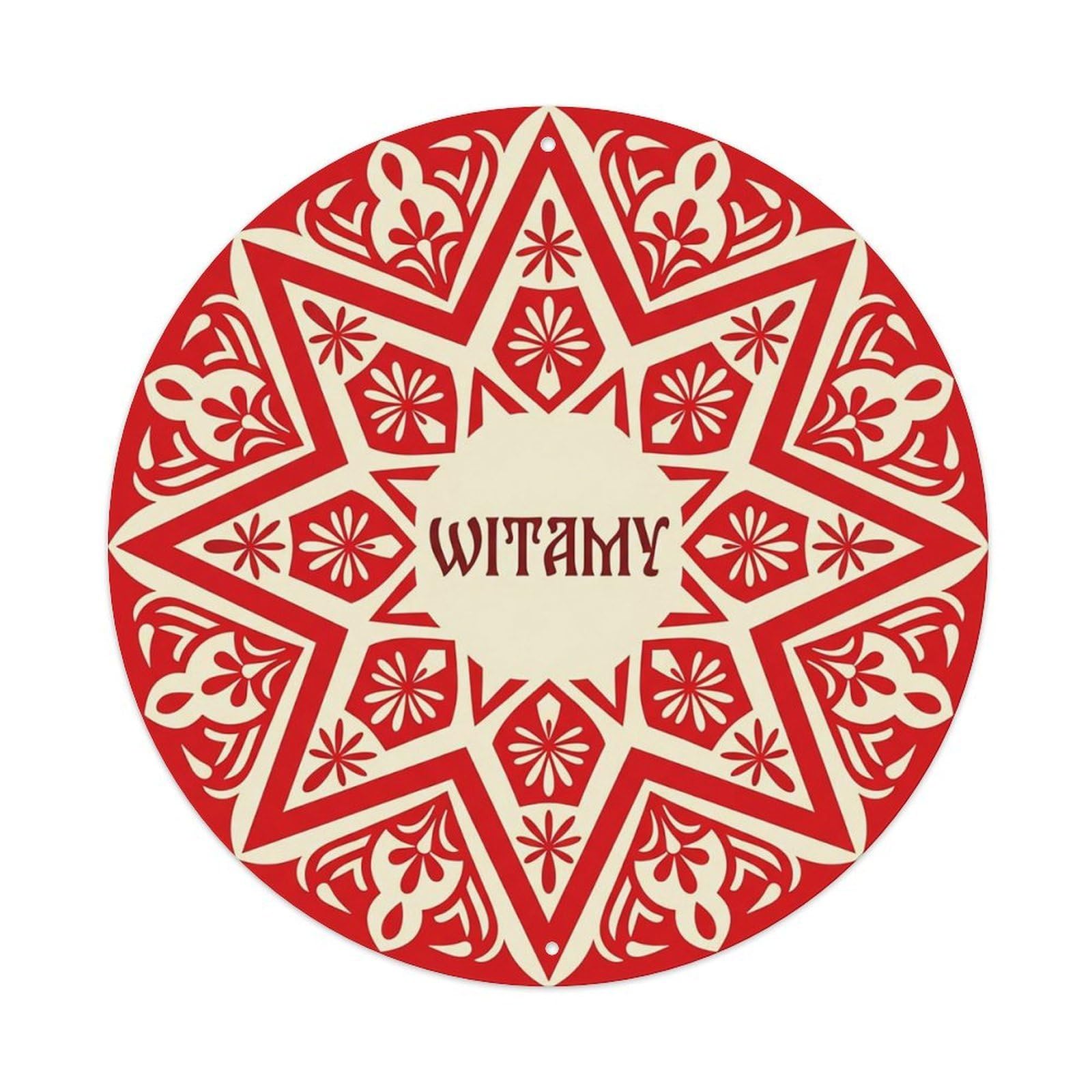 Vintage Polish Folk Art Witamy Welcome Star Medallion Metal Tin Sign