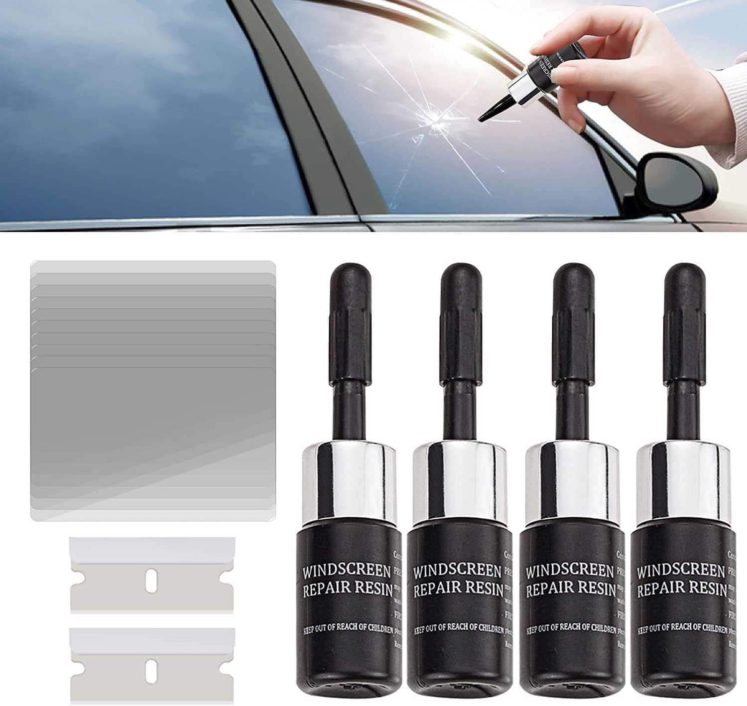 schildEVO Windscreen Repair Kit, 4 PCS Windscreen Chip Repair Kit, Auto Windscreen Scratch Repair Kit for Bulls-Eye, Cracks, Star-Shaped and Glass Repair, black