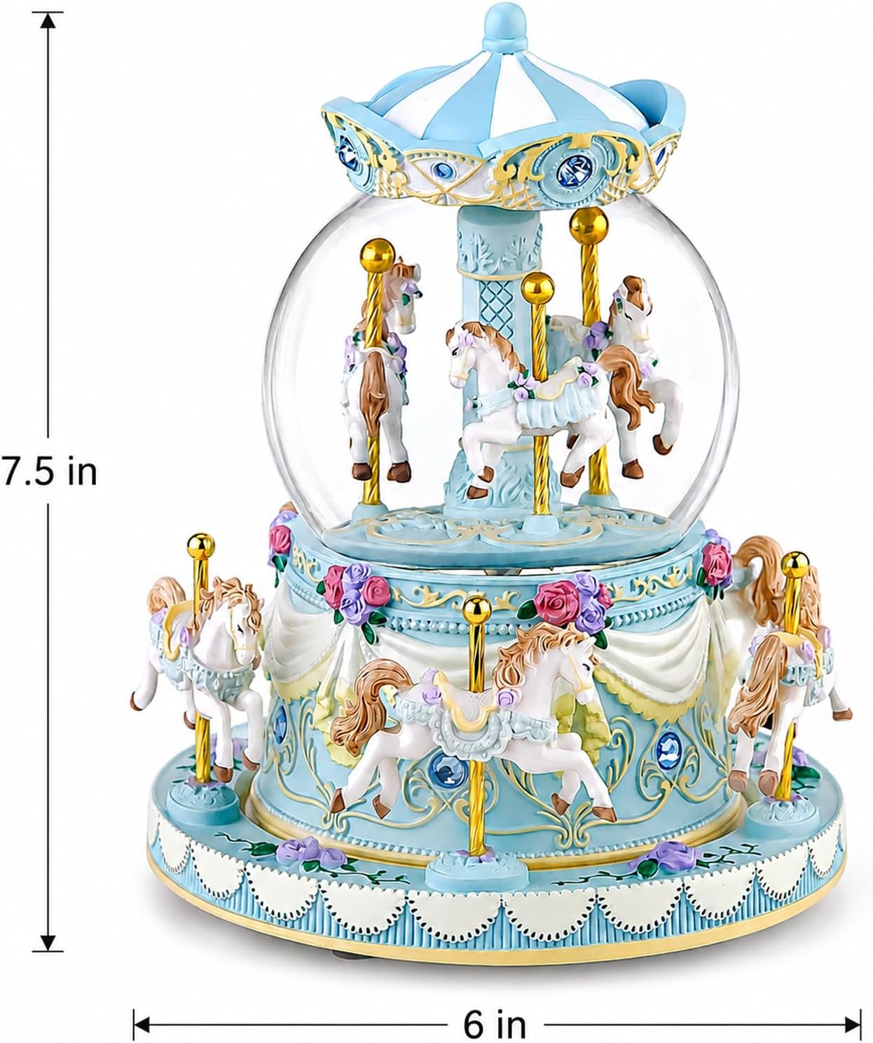 Blue Carousel Snow Globe Music Box with LED Lights, Rotating Horse Merry Go Round, Wind Up Musical Snow Globe Plays You are My Sunshine, Gift for Daughter Granddaughter Mom Women