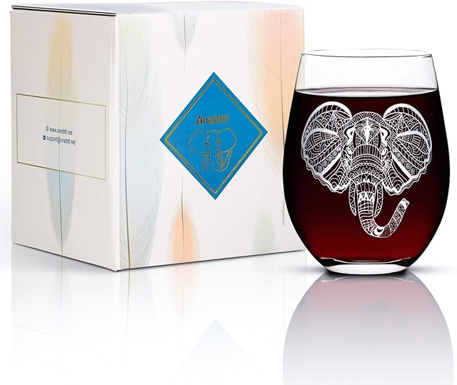 Onebttl Elephant Wine Glass, 17 oz Stemless Glass with Tribal Elephant and Gift Card, Elephant Gifts for Women/Men, Perfect for Christmas, Birthday, Thanksgiving