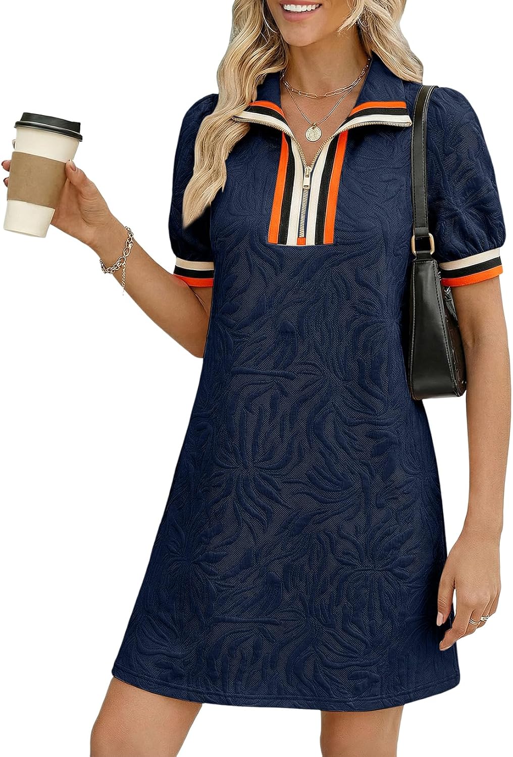 BLENCOT Summer Dresses for Women Casual Half Zip V Neck Short Sleeve Mini Sweatshirt Dress with Pockets