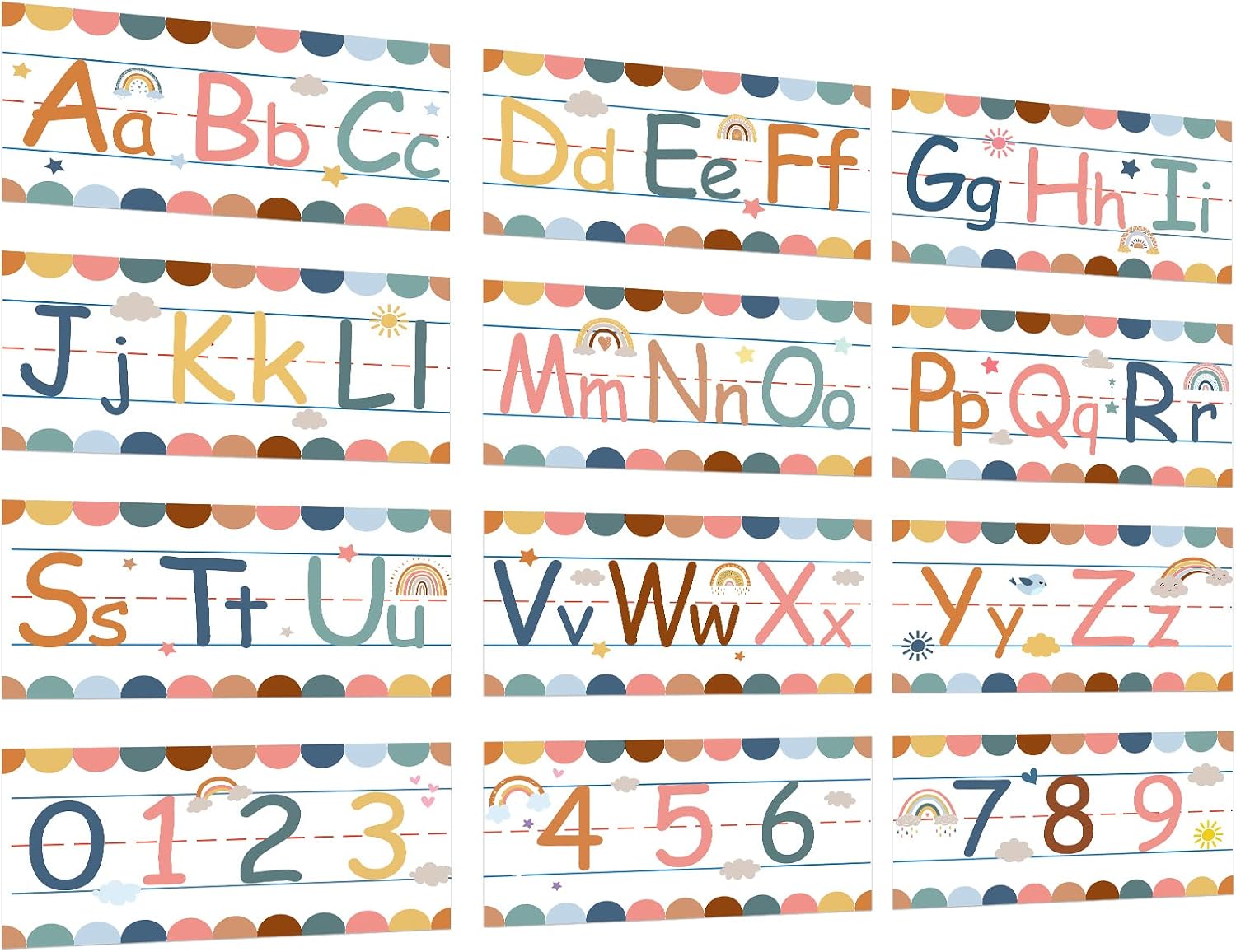 Pajean 12 Pcs Alphabet Bulletin Board Set Rainbow ABC Number 0-9 Line ...