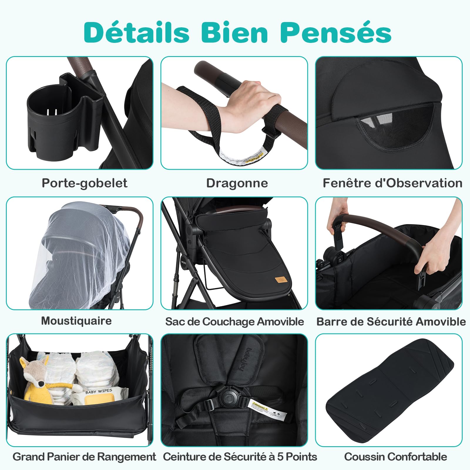 COSTWAY Poussette 3 en 1 Pliable Siège Réversible Nacelle 0-3 Ans 22 kg Noir