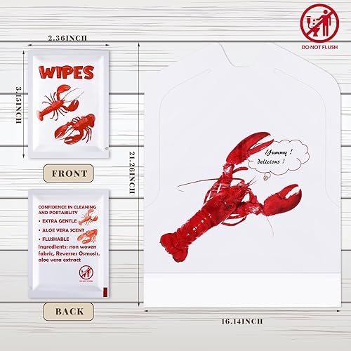 Miniatura 2 de Wesiti 100 Pcs Lobster Crab Bib Wet Wipe Set 50 Crawfish Bib Disposable Adult 50 Moist Towelettes Seafood Boil Party Supply