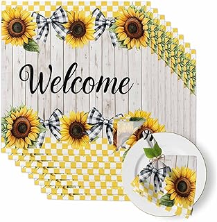 Welcome Quote Sunflower Buffalo Bow Cloth Napkins Set of 8, Washable Napkins Cloth, Summer Floral on Wooden Table Dinner Napkins for Kitchen Wedding Parties