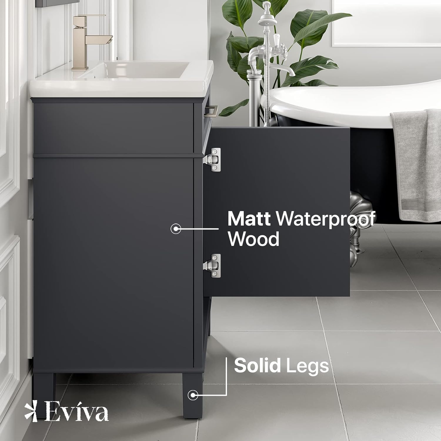 Eviva Garci Dark Gray Small Bathroom Vanity with Sink - Standing Single Sink Bathroom Vanity with Top - Wood Bathroom Sink Cabinet - 24x18 Inch Vanity with Sink