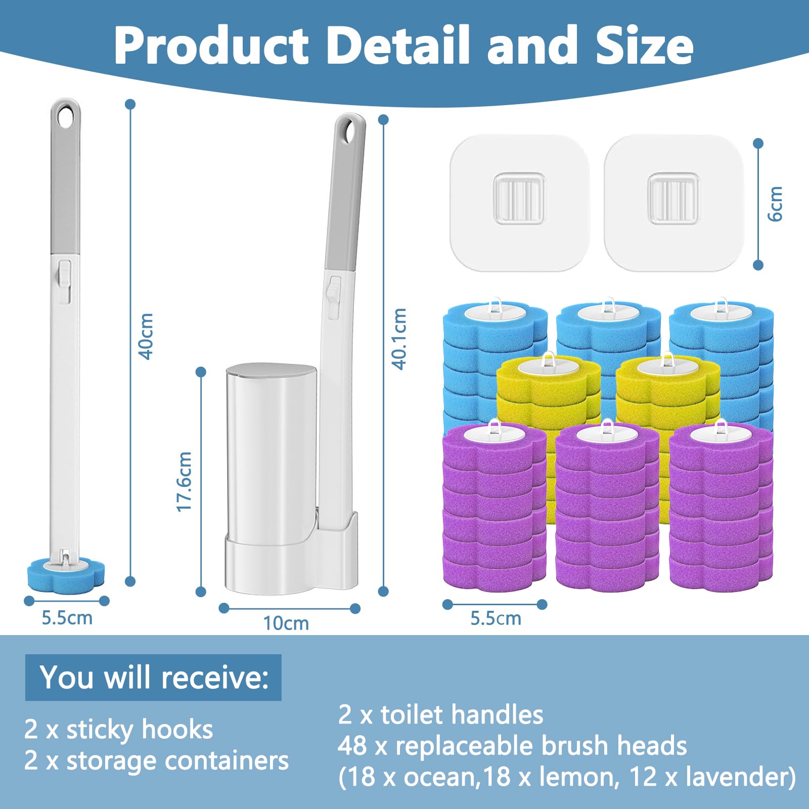 Scopino WC Usa e Getta,Spazzola WC Monouso Set con 48 Ricariche Detergenti,Set da 2 con Scopini per WC con Manico Allungato e Supporto,Scopino per WC con Staffa Adesiva per Pulizia Bagno e WC