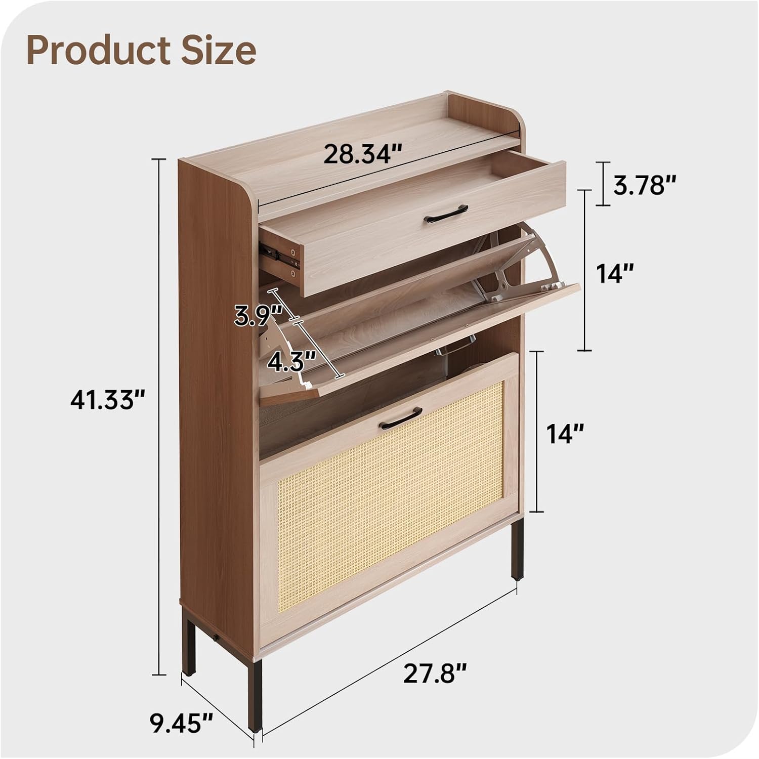 Diagram showing the dimensions of the Airynee Rattan Shoe Storage Cabinet
