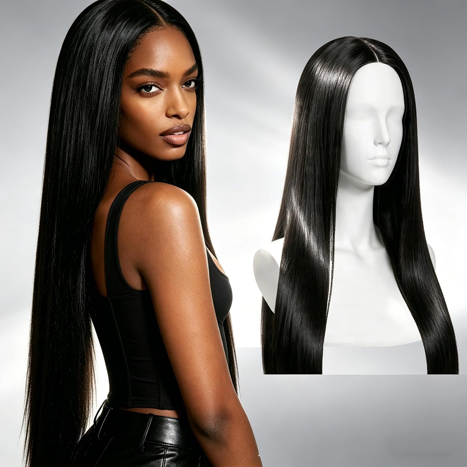 Black Long Straight Synthetic Wig 26 Inch Glueless Heat Resistant Fiber Wig for Women Natural Black for Daily Party Cosplay