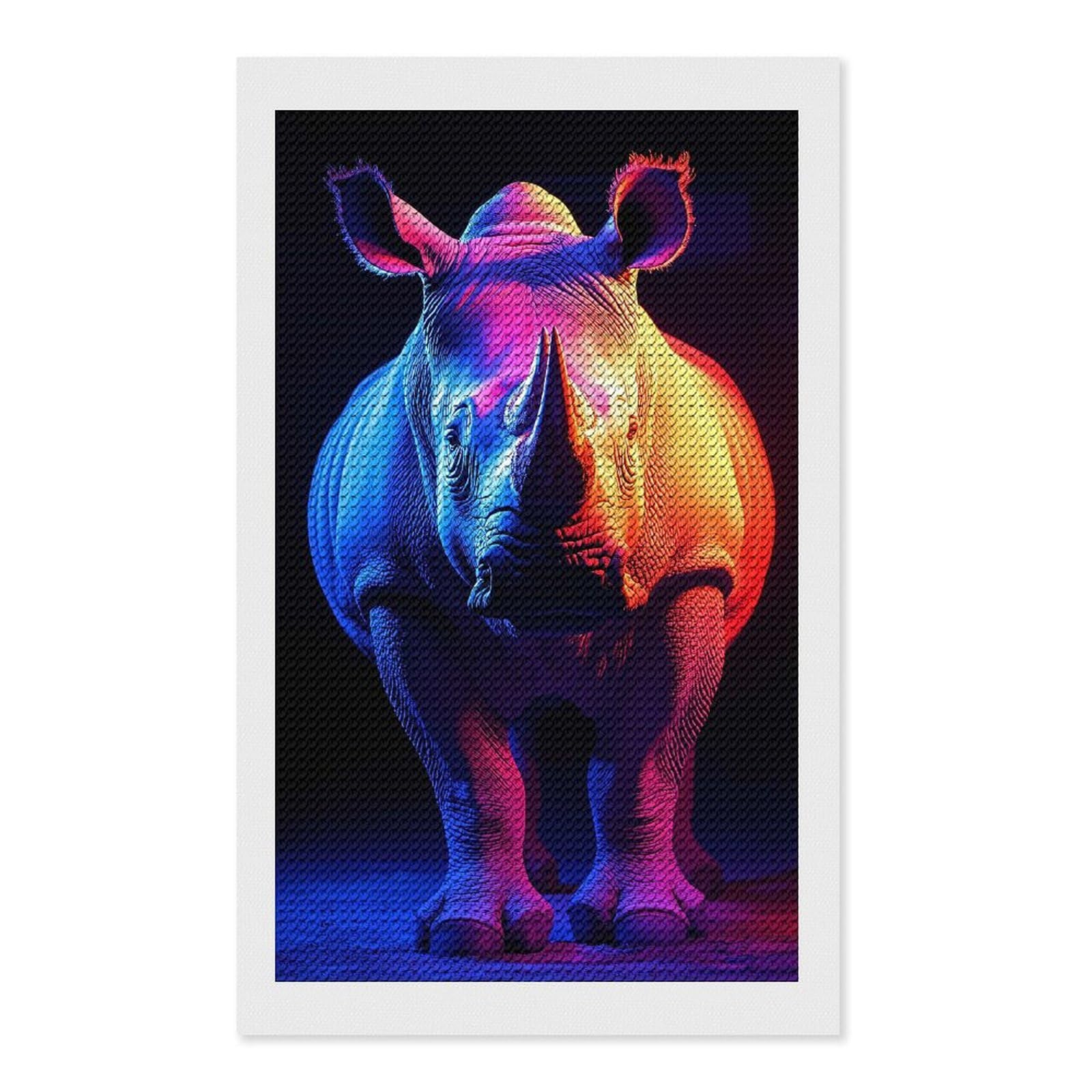 Junmoney Neon Rhino Portrait Diamond Painting Canvas Set 12"x20", for Adults, Bedroom Decor, Good for Quiet Evenings, Festive Craft Gift