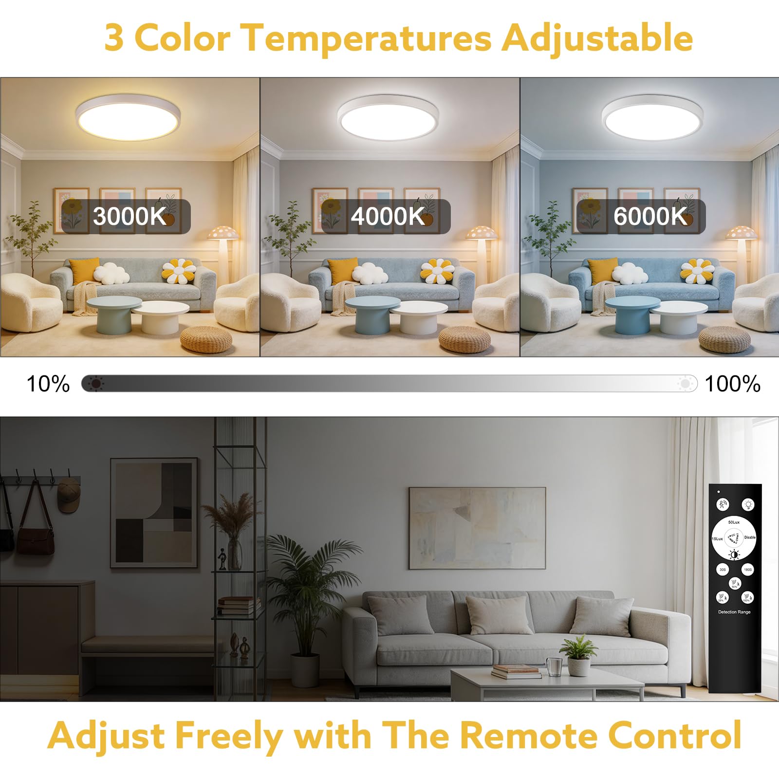 28W Plafon con Sensor de Movimiento, 2800LM Lampara LED Techo con Control Remoto, 3000K/4000K/6000K Luces Sensor Crepuscular, IP54 Luz Led Techo Baño para Cocina Pasillo Sótano Balcón, 30cm