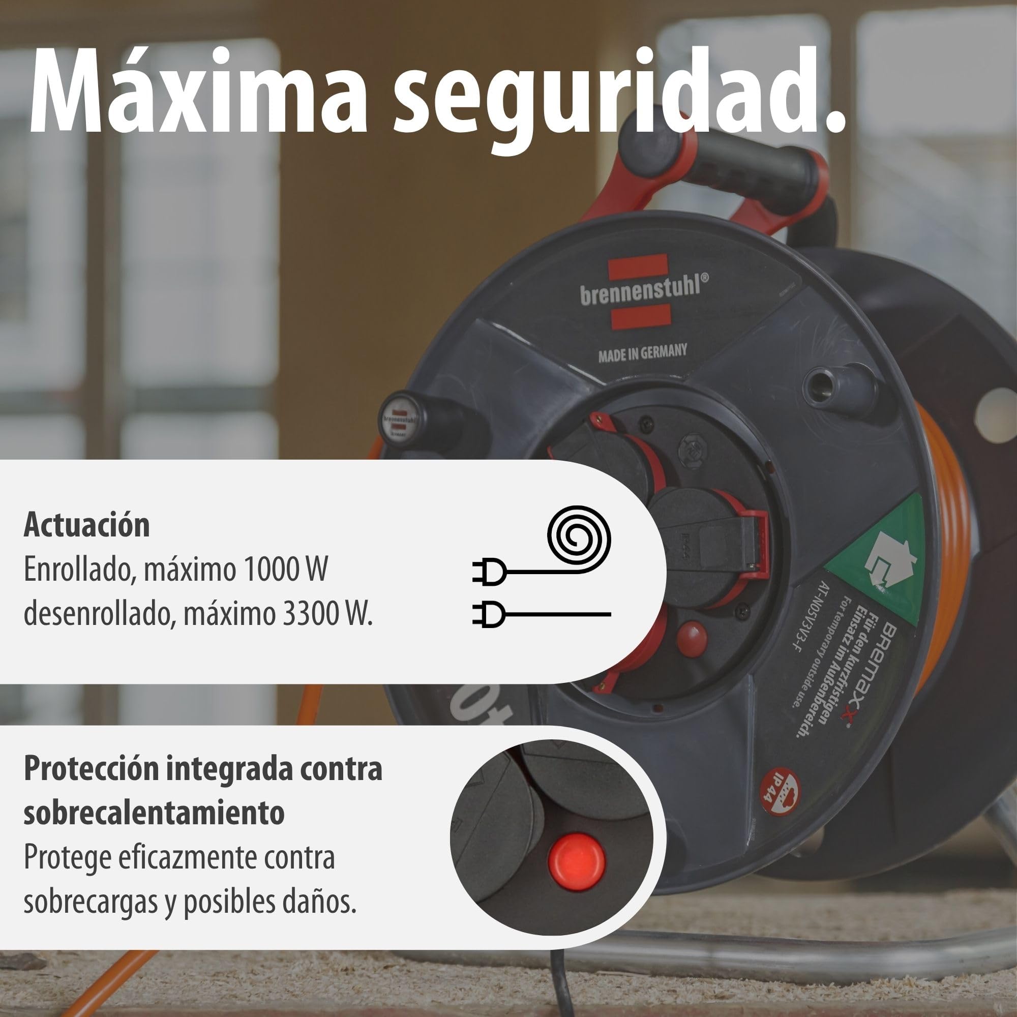 Brennenstuhl Garant V2 IP44 Enrollacables 40m exterior (Fabricado en Alemania, 3 tomas con conexión a tierra, protección contra sobrecalentamiento, uso a corto plazo en el exterior)