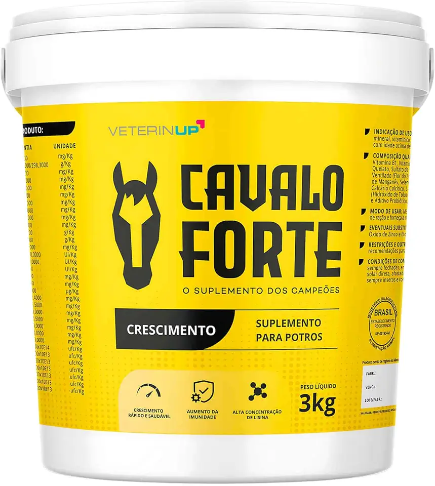 Suplemento Cavalo Forte Crescimento Potros 3KG | Nutrição para Desenvolvimento Ósseo, Massa Muscular e Estrutura | Rico em Lisina, Cálcio e Minerais Essenciais | Formulado po Veterinários | VeterinUp