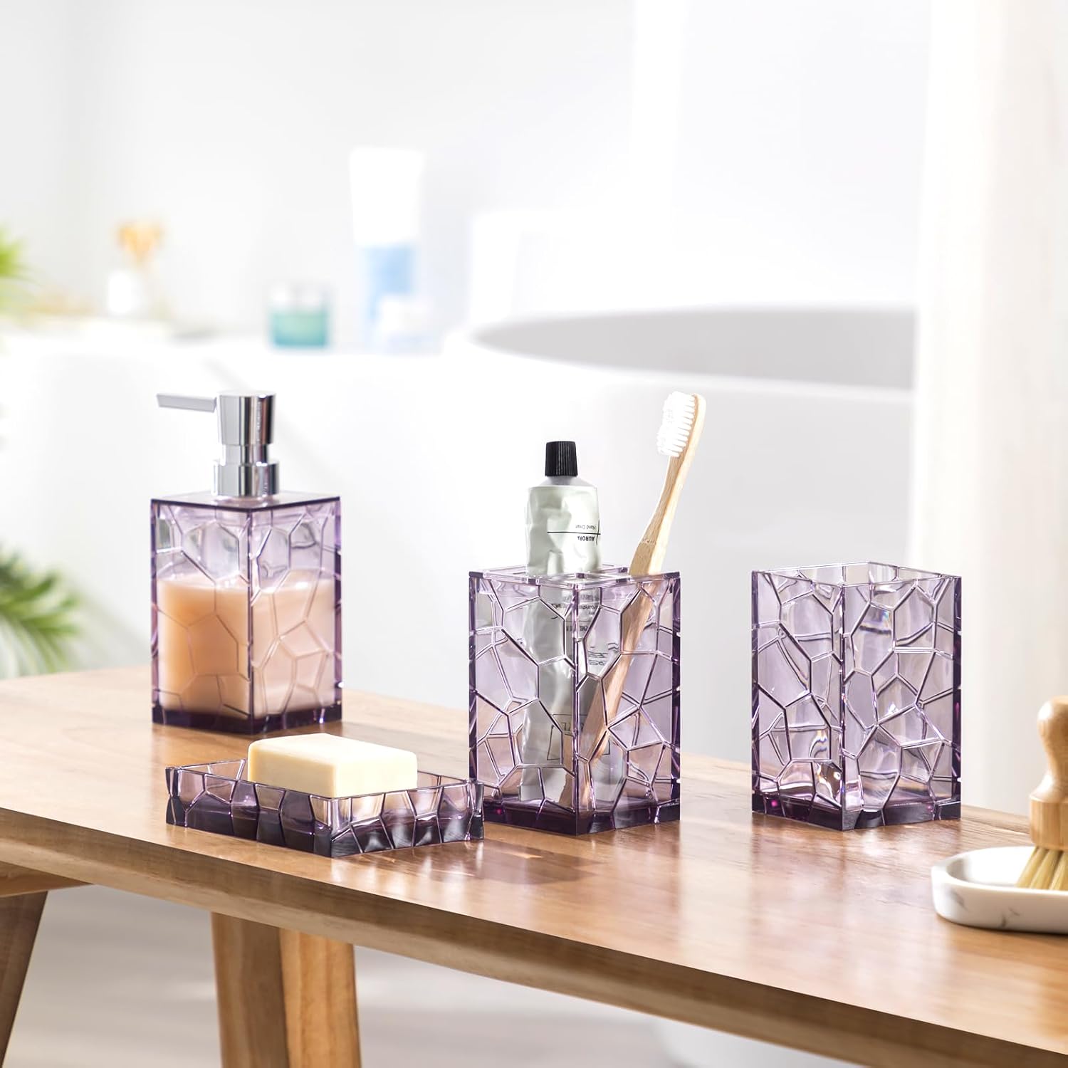 Acrylic Bathroom Accessories Set, 4 Pcs Bathroom Vanity Accessory Set with Tumbler, Soap Dish, Soap Dispenser and Toothbrush Holder, Boho Bathroom Decor and Housewarming Gift Set