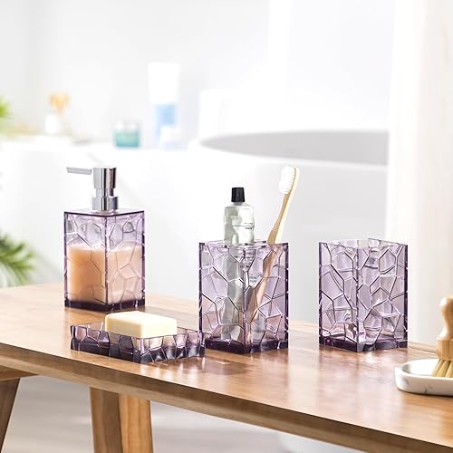 Miniatura 2 de Oyydecor Juego de accesorios de baño de acrílico, 4 piezas de accesorios de tocador de baño con vaso, jabonera, dispensador de jabón y soporte para