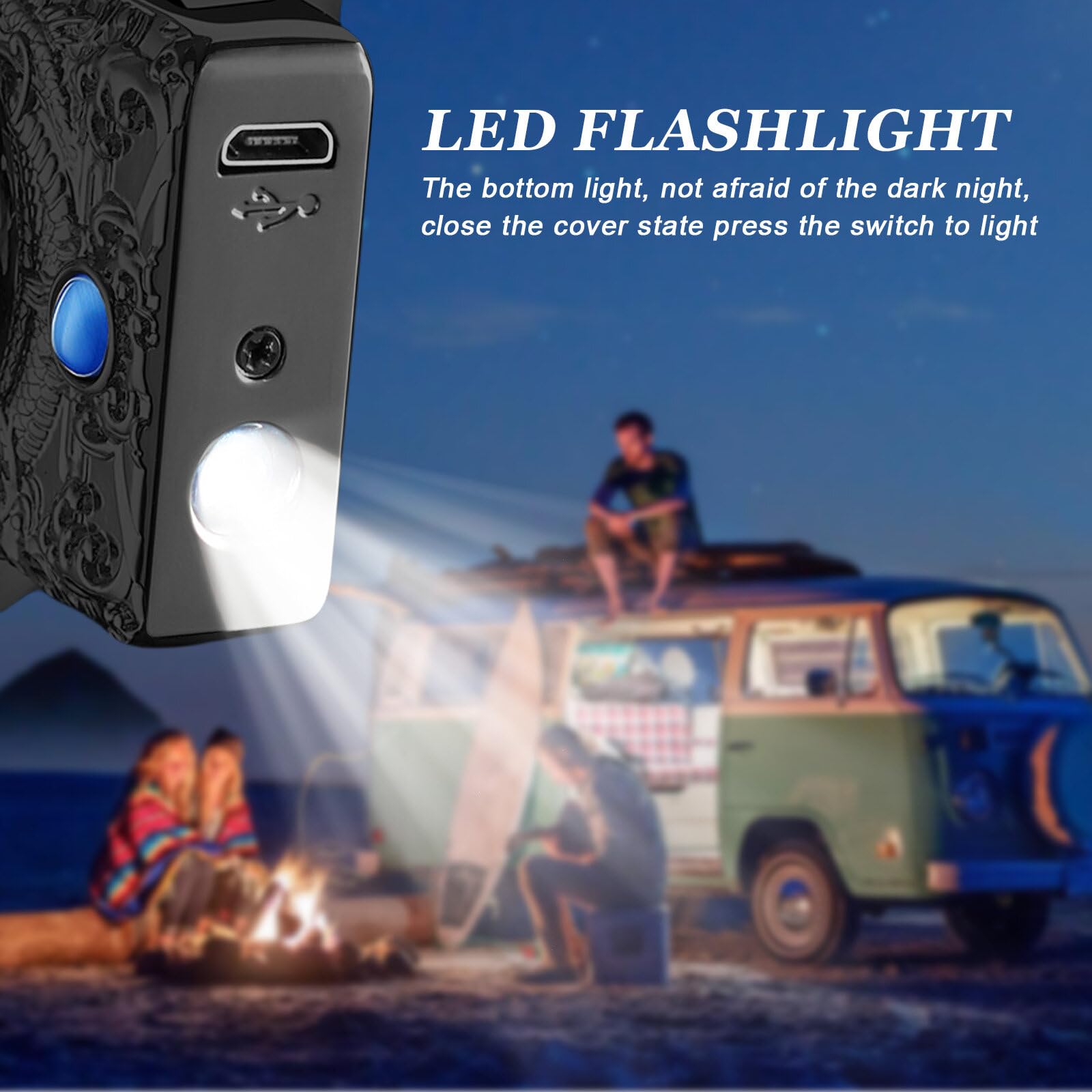 Accendino Elettrico Ad Arco Ricaricabile USB Con Orologio E Luce COB - Antivento E Impermeabile IP56, Nero