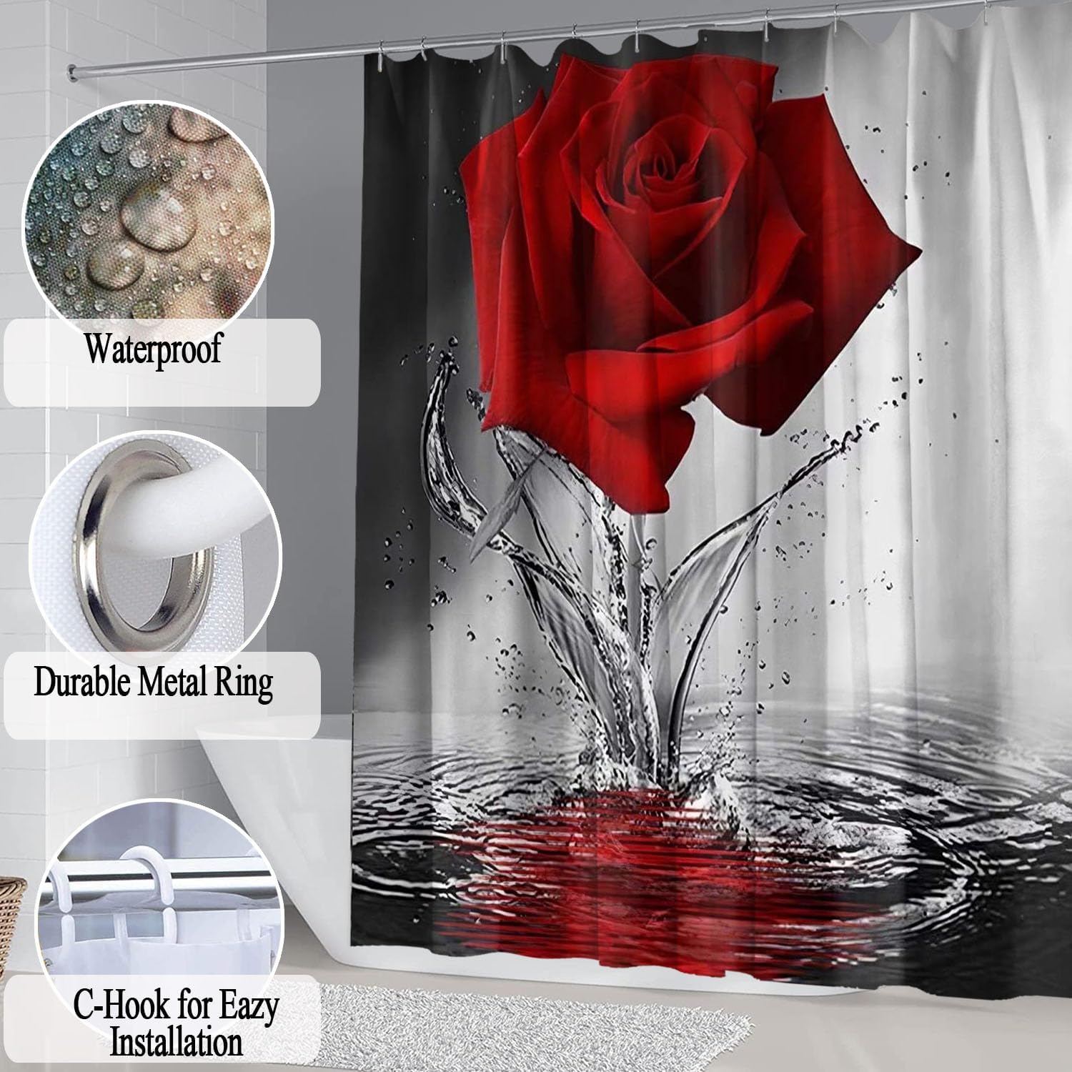 4Pcs Bathroom Shower Curtain Sets, Shower Curtains with Rugs Toilet Lid Cover Bath Mat, Waterproof Fabric Home Decorations Bath Mat Sets