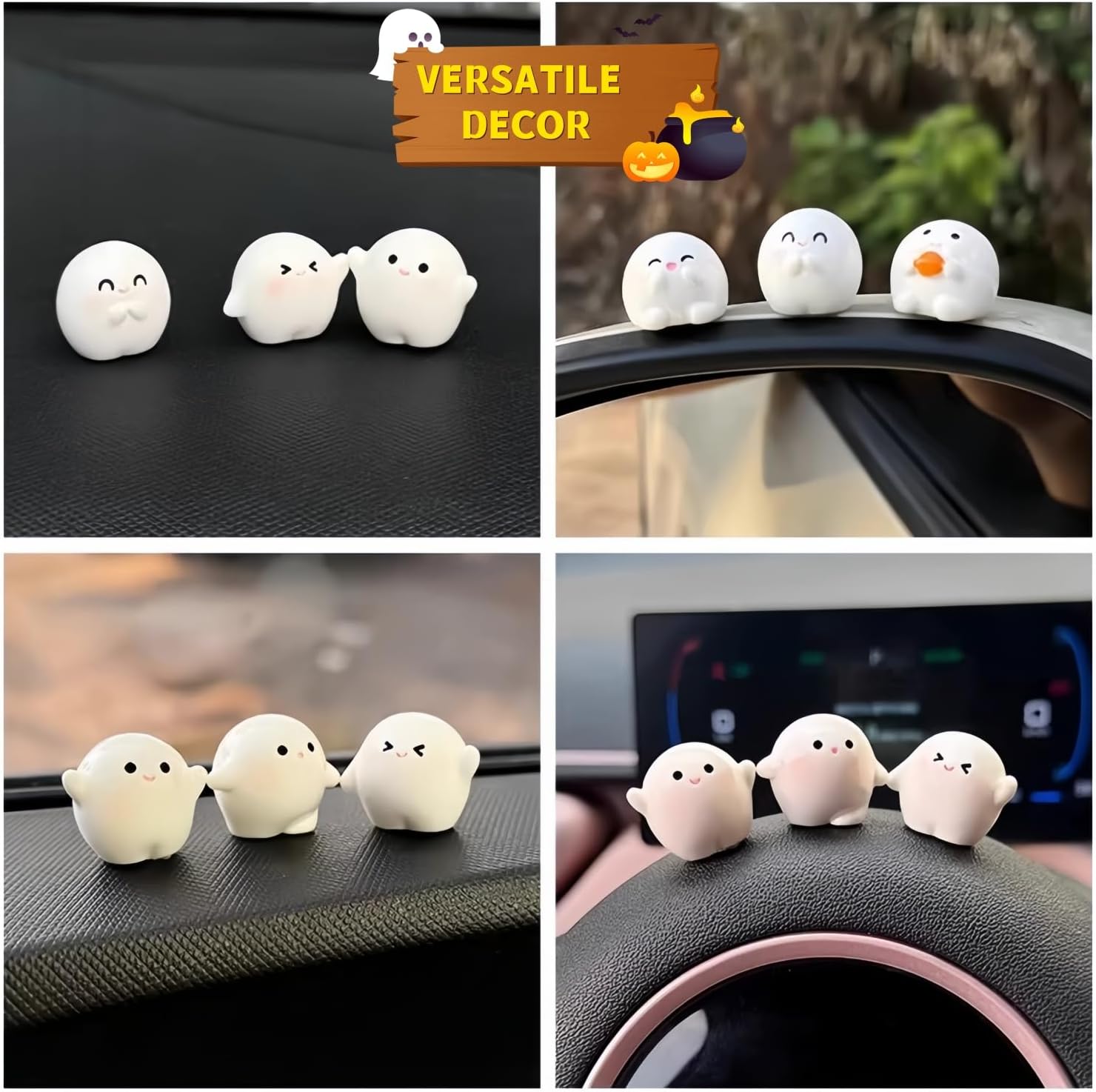Cute Ghost Mini Figurines Set Car Dashboard Decor, 6PCS Funny Rear View Mirror Decoration, Ghost Ornament for Home Office Desk, Car Interior Accessories for Women Men image 3