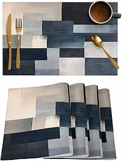 Modern Oil Painting Placemats Set of 6 Abstract Geometric Art Blue Beige...
