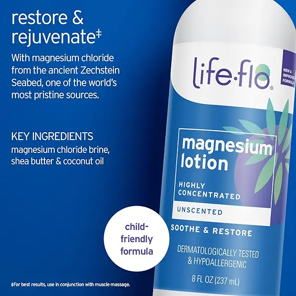 LIFE-FLO Unscented Magnesium Lotion - Highly Concentrated Magnesium Lotion for Kids and Adults - Soothes Overworked Muscles, Joints When Massaged into the Skin - Hypoallergenic, 60-Day Guarantee - 8oz 2