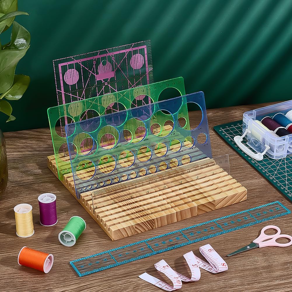 PH PandaHall 18-Slot Wooden Quilting Ruler Holder, 7.87x8.27 inch Sewing Ruler Rack Slotted Template Organizer for Quilting Rulers Craft Room Workshop Home Sewing Supplies, Natural Wood Color