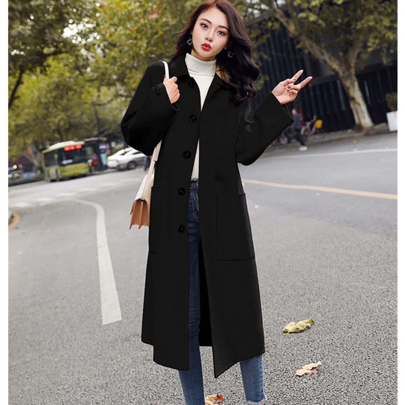 Winter Coat Single-Breasted Women's - Black Loose Long Slim