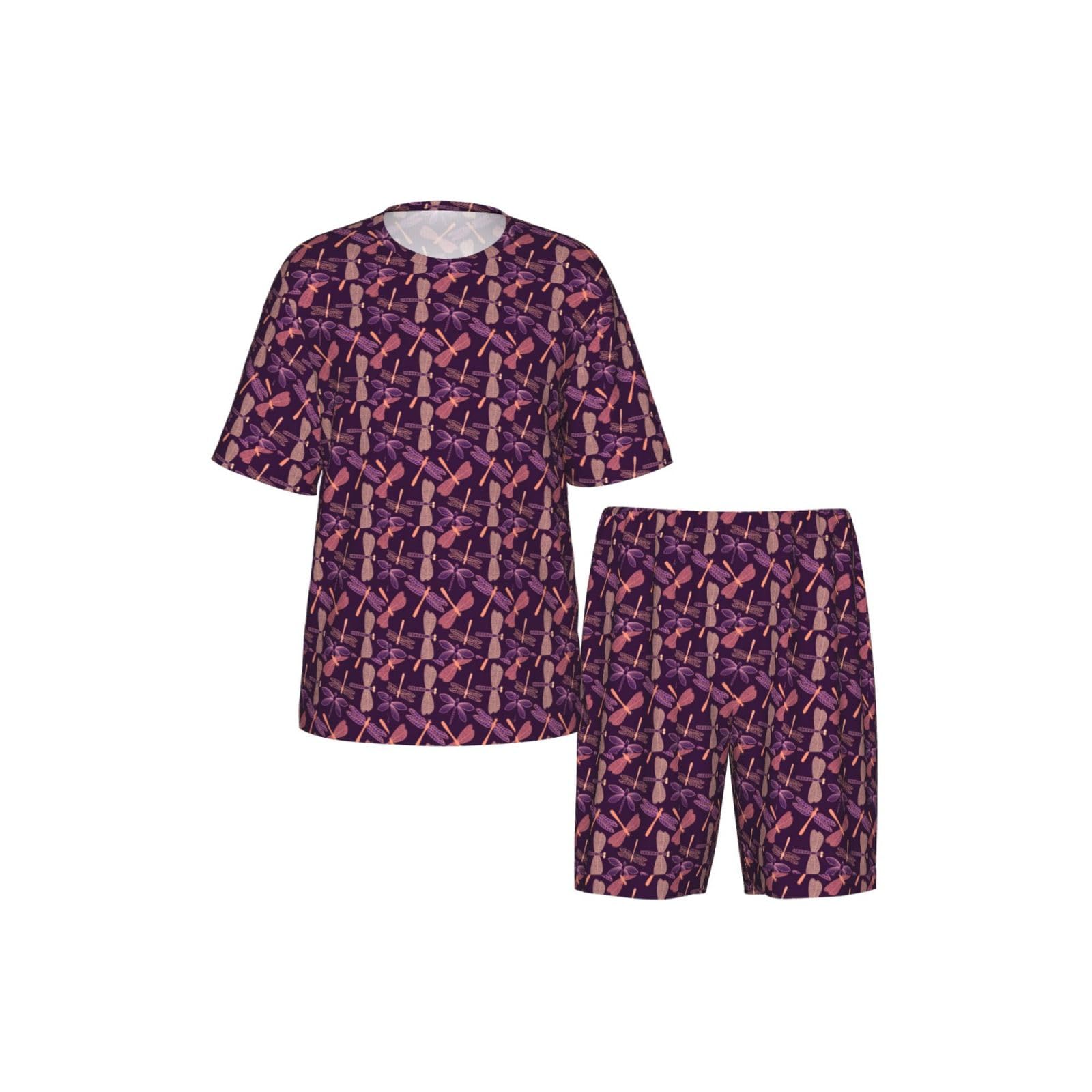Viola Libellula Stampa Uomo Manica Corta Pigiama Set Pigiameria Leggero Traspirante Morbido Homewear 2 Pezzi