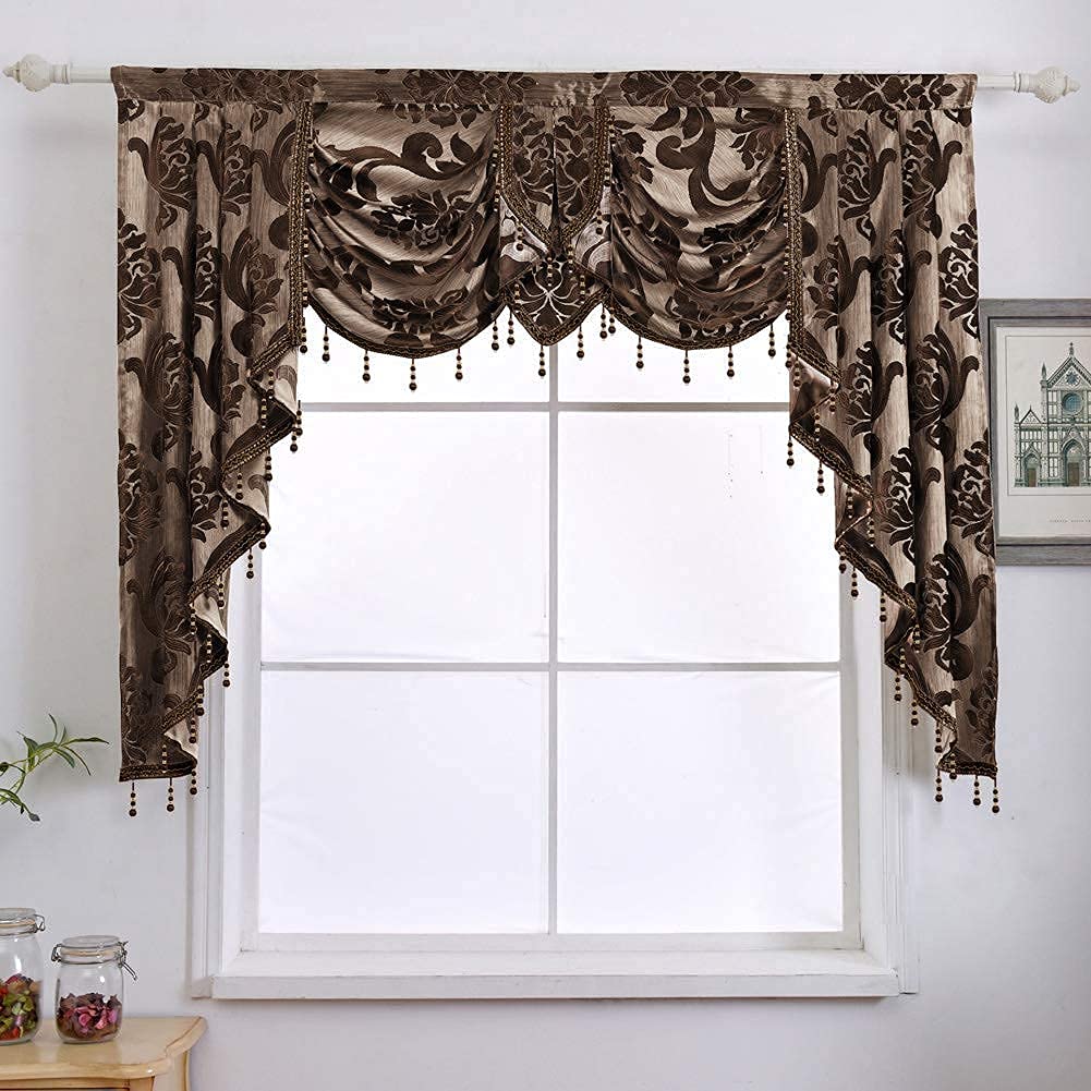 NAPEARL Window Valances for Living Room, Jacquard Damask Luxury Valance Curtains for Windows, Brown Rod Pocket Waterfall Valance with Swags, 61-Inch Wide