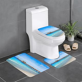 Naples Pier and Beach Flannel Bath Mat Set 3-Piece - Bathroom Rug, Toilet Seat Cover & Tub Mat | Cloud-Like Softness