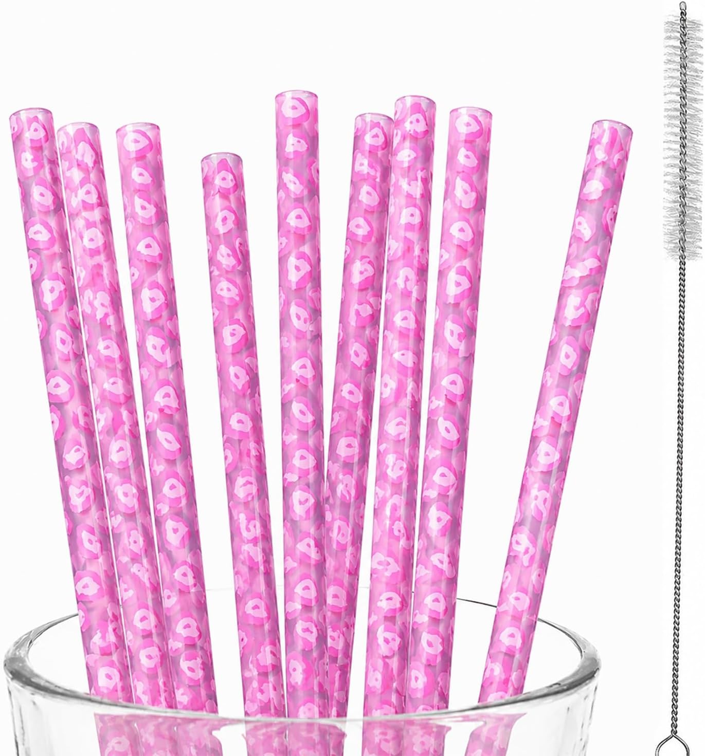 10 Pcs Reusable Leopard Straws Drinking Straw with Cleaning Brush
