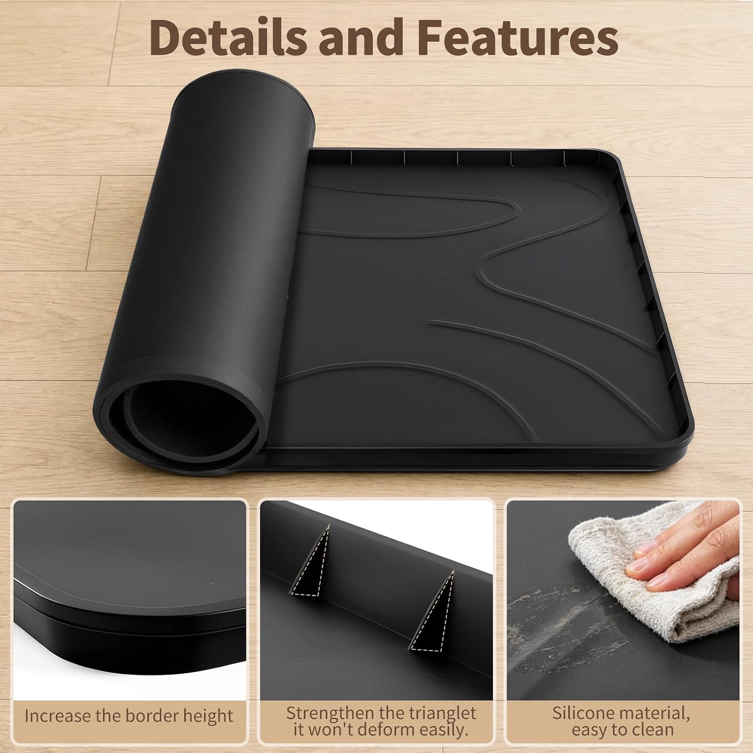 Washing Machine Drain Pan，Large Silicone Mat Gray with Raised Reinforced Frame & Triangular Reinforcing Rib, fits Most Washer Models, Washing Machine Tray for Floor Protection in Laundry Room (black)